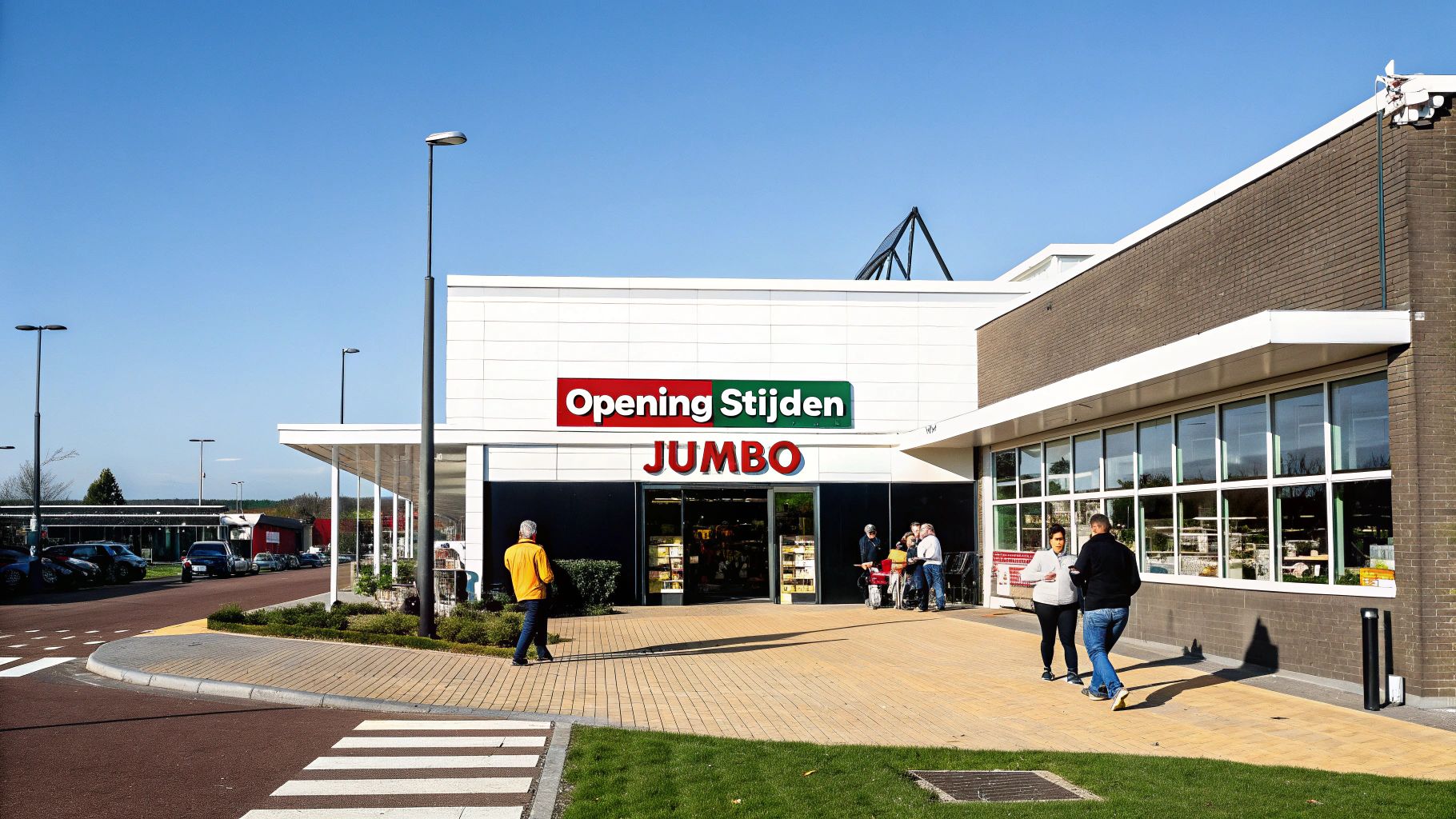 Buitenaanzicht van een Jumbo supermarkt met 'Opening Stijden' borden, mensen en parkeerplaats op een zonnige dag.