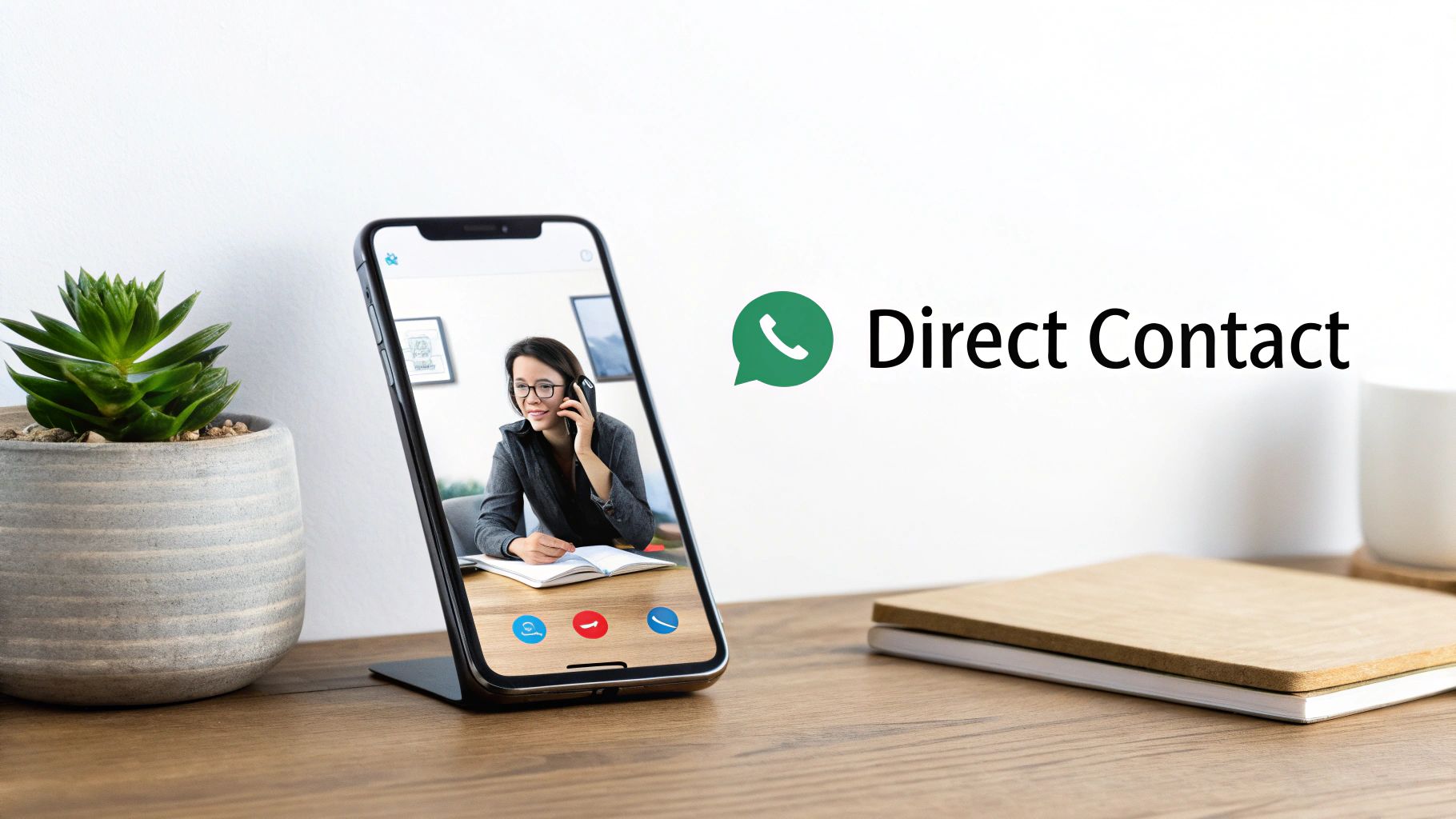 Een smartphone met een videogesprek van een vrouw, naast een 'Direct Contact' logo en tekst op een bureau.
