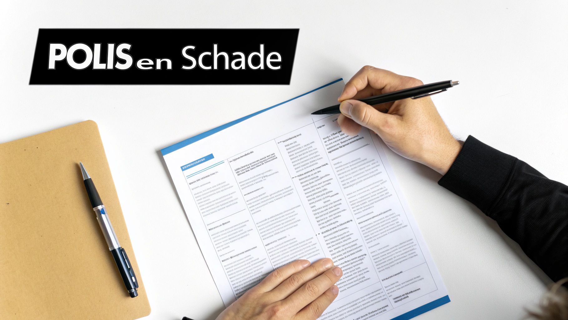 Persoon vult een document in over polis en schade, met notitieboek en pen op een witte tafel.