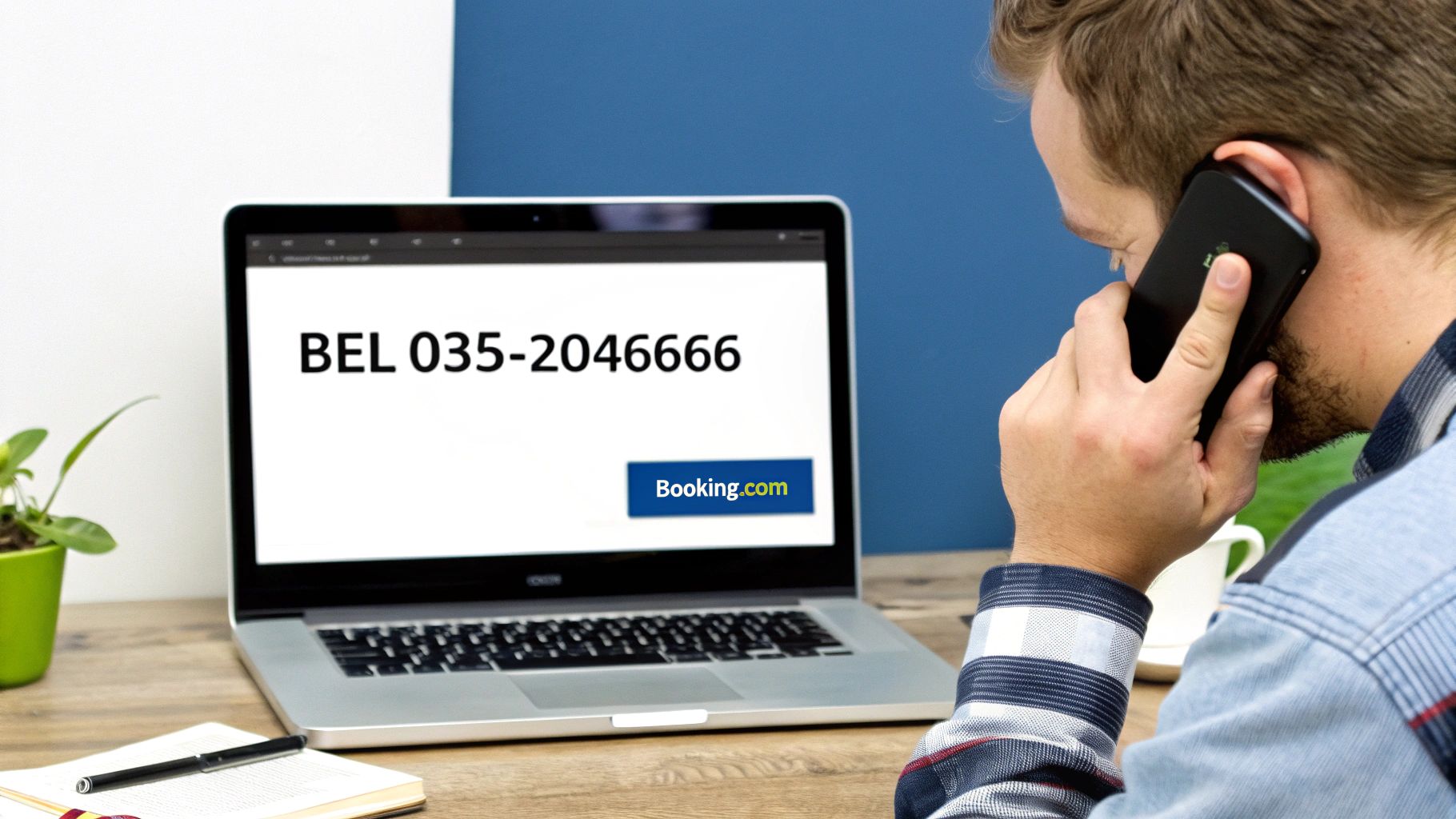 Man belt aan de telefoon terwijl hij kijkt naar laptop met het nummer BEL 035-2046666 en Booking.com knop.