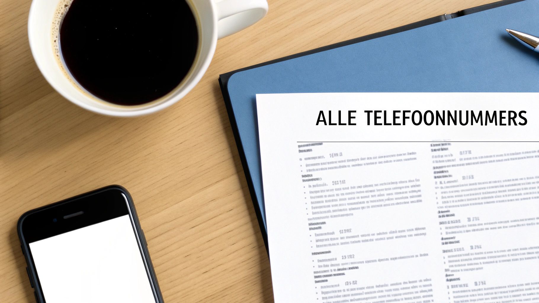 Een bovenaanzicht van een bureau met koffie, een smartphone en een document met telefoonnummers.