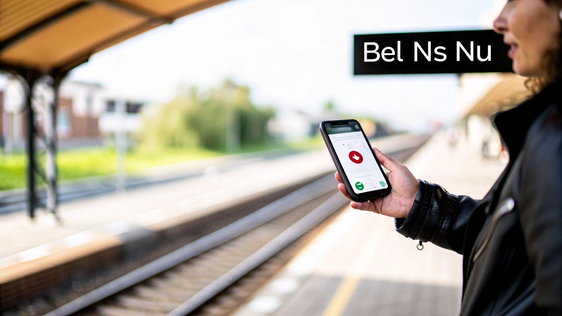 Een reiziger die aan het bellen is op een treinstation.