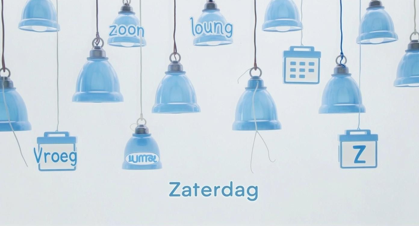 Blauwe hangende lampen met Nederlandse woorden voor dagen en ruimtes, Zaterdag onderaan getoond
