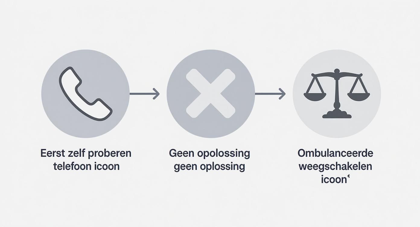 Proces ombudsman: eerst zelf proberen te bellen, geen oplossing, dan ombudsman met weegschaal symbool