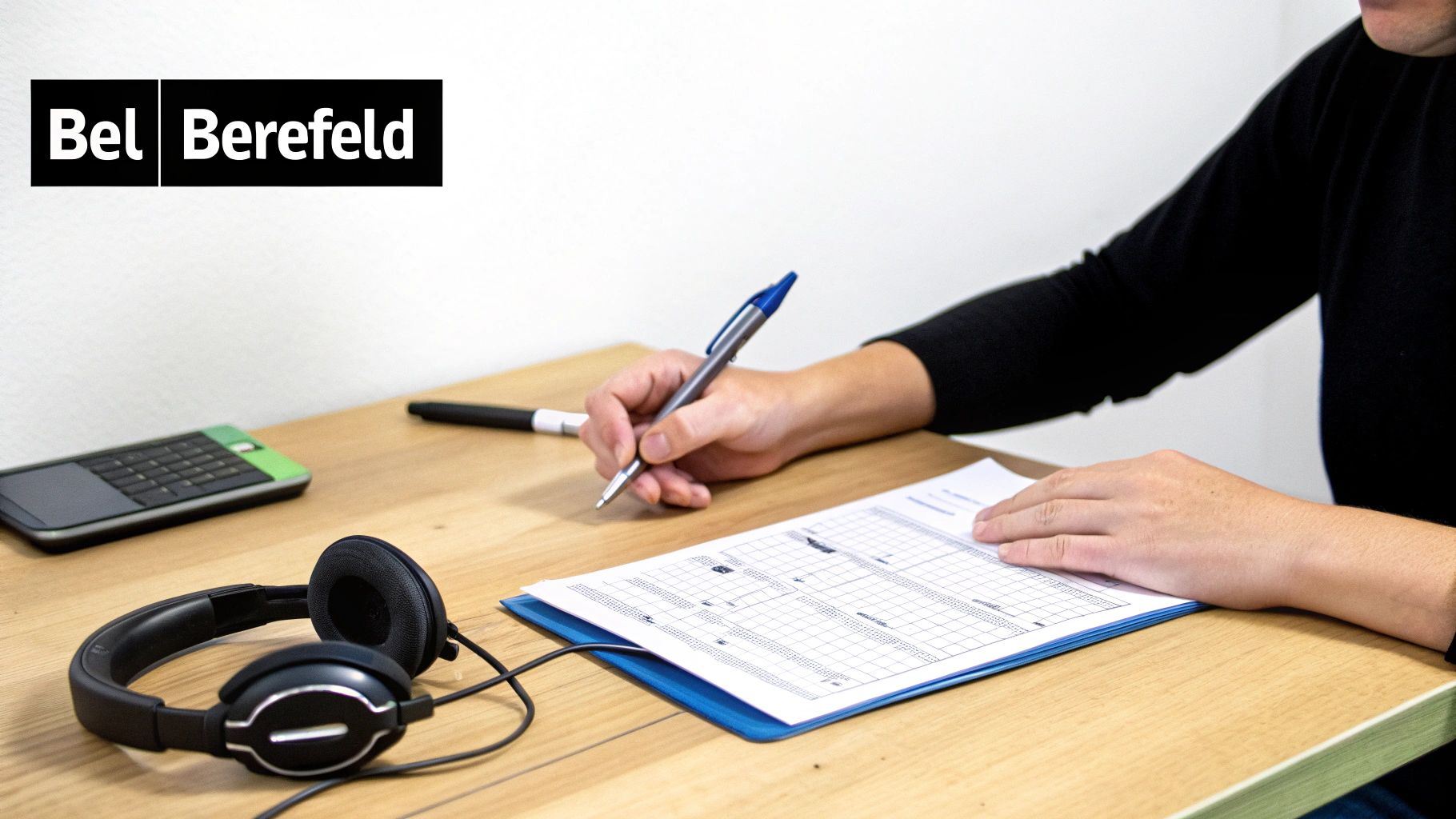 Persoon schrijft muzieknoten op papier aan een houten bureau, met koptelefoon en rekenmachine. Logo: Bel Berefeld.