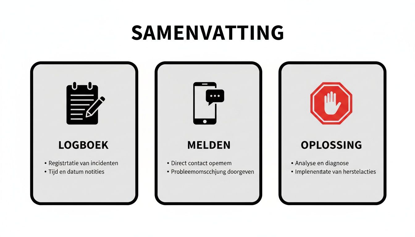 Samenvatting van drie stappen: logboekregistratie, het melden van problemen en het vinden van oplossingen.