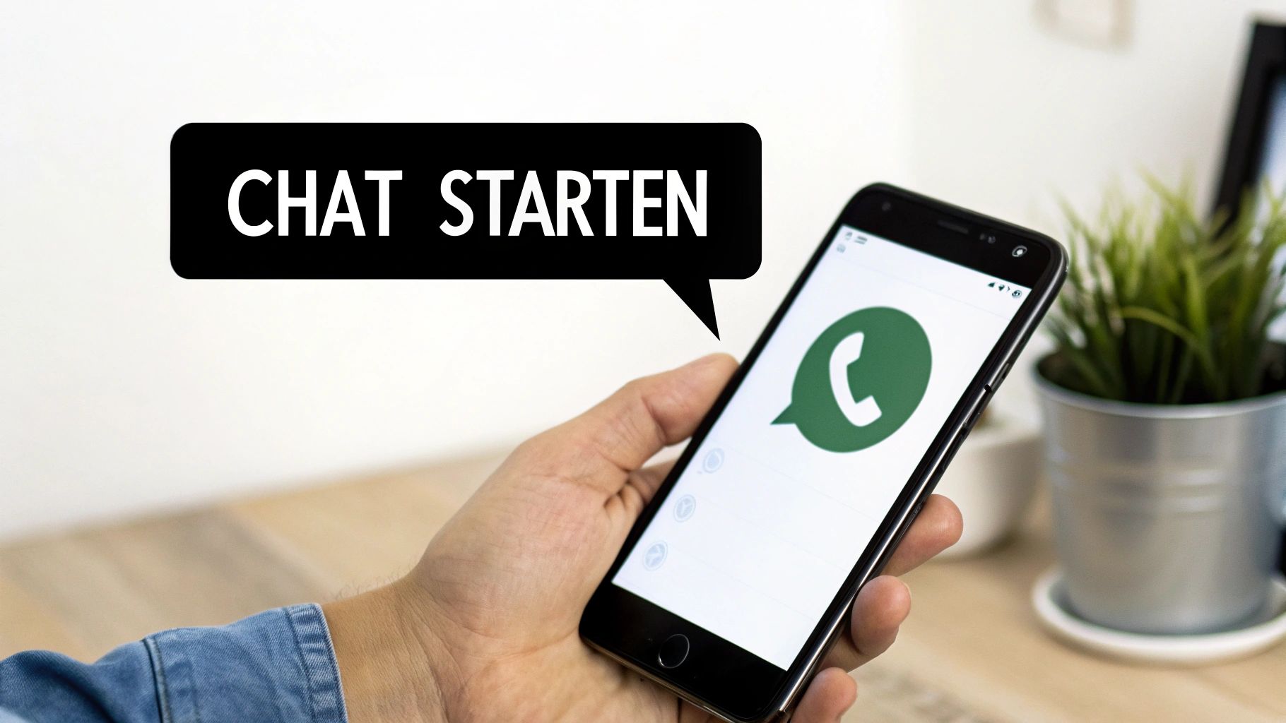 Een hand houdt een smartphone vast met het WhatsApp-logo en een tekstballon met 'CHAT STARTEN'.