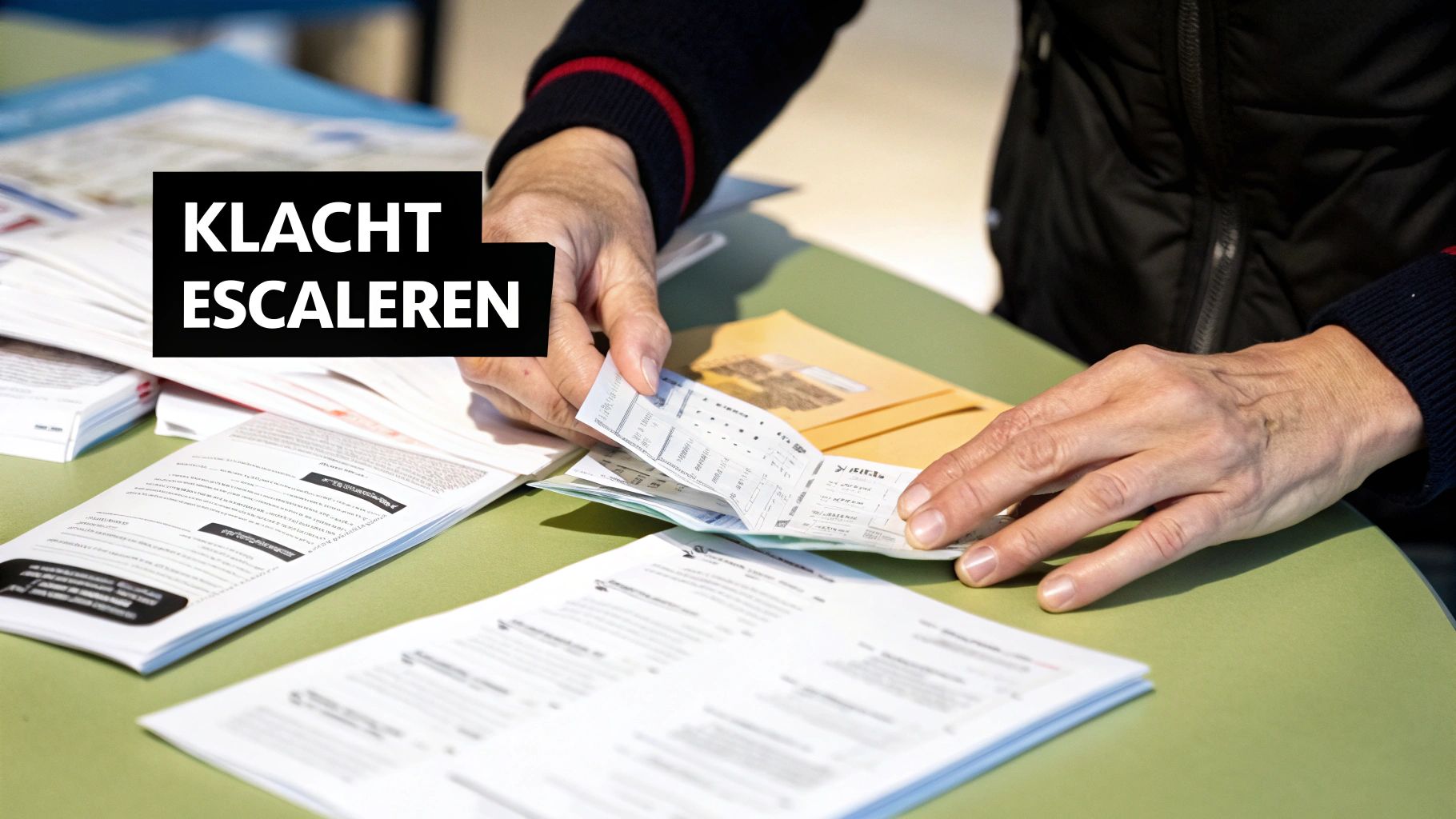 Handen sorteren documenten en papieren op een groene tafel, met de tekst 'Klacht Escaleren'.