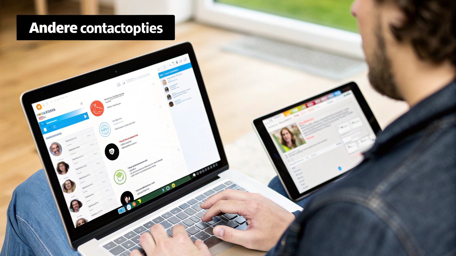 Man bekijkt contactopties op een laptop en tablet, met de tekst 'Andere contactopties' in beeld.