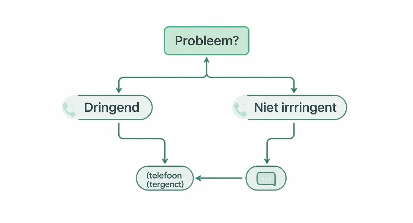 Flowchart dat de beslissingsboom toont voor het afhandelen van een probleem, met opties voor dringend telefonisch contact en niet-dringende chat.