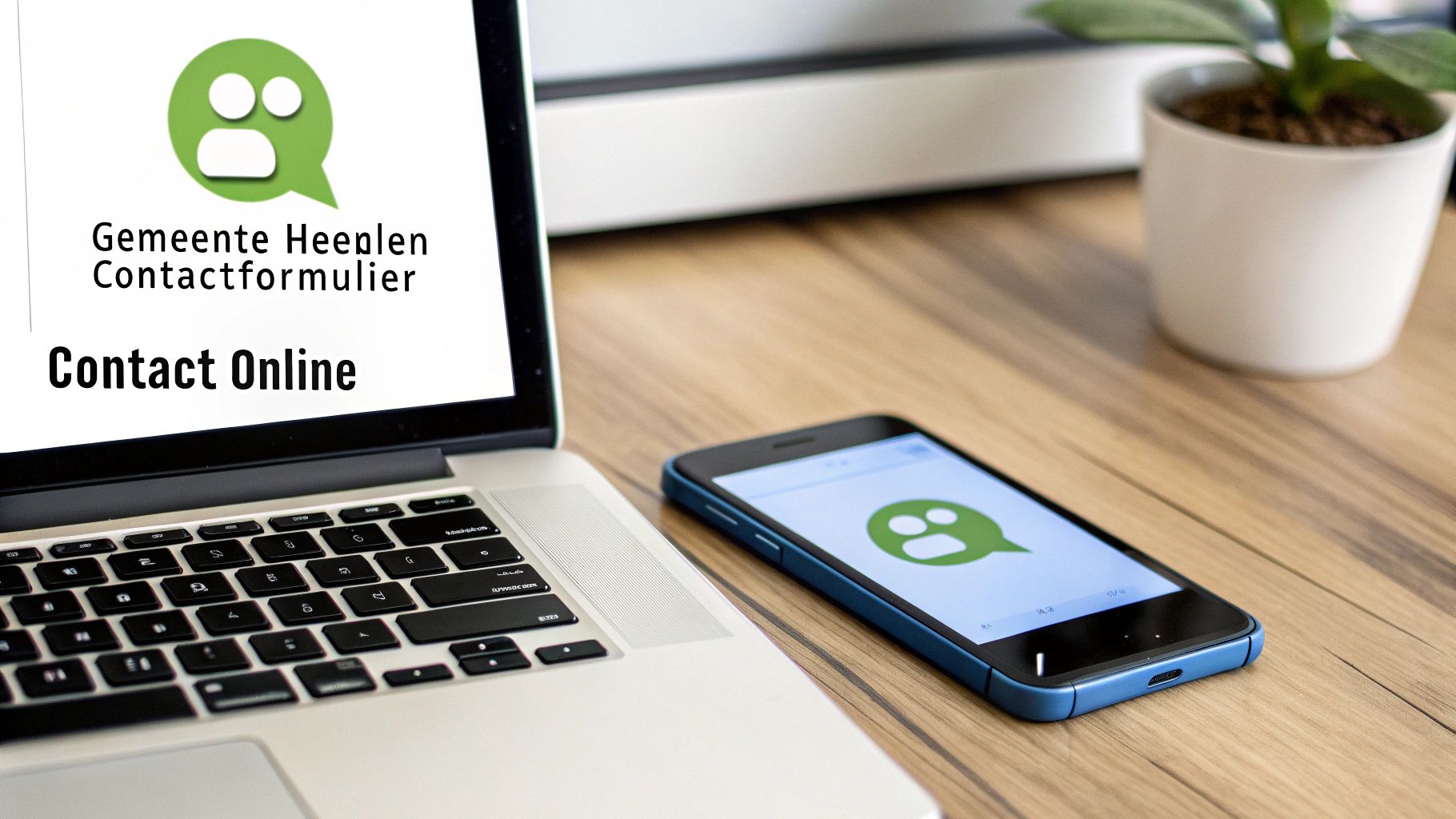 Een persoon gebruikt een laptop en smartphone om online contact op te nemen.