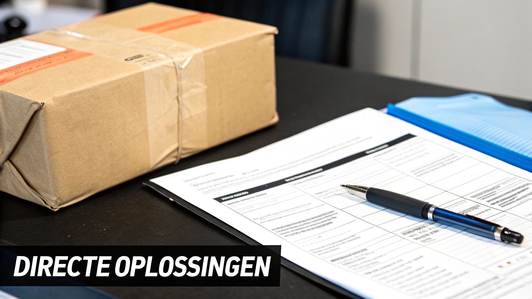 Close-up van een verzendklaar pakketje met een formulier en pen, klaar voor directe oplossingen.