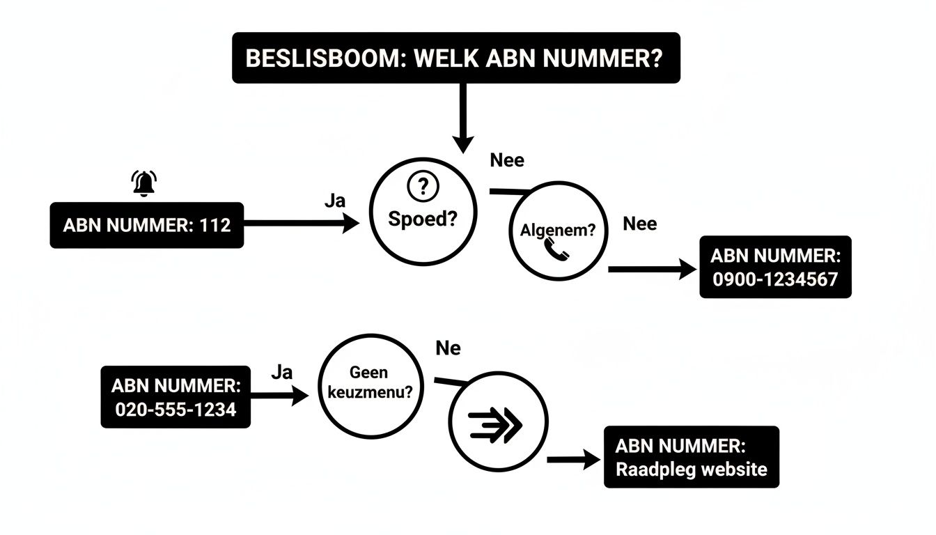 Beslisboom om het juiste ABN telefoonnummer te vinden op basis van spoed, algemene vragen en menukeuzes.
