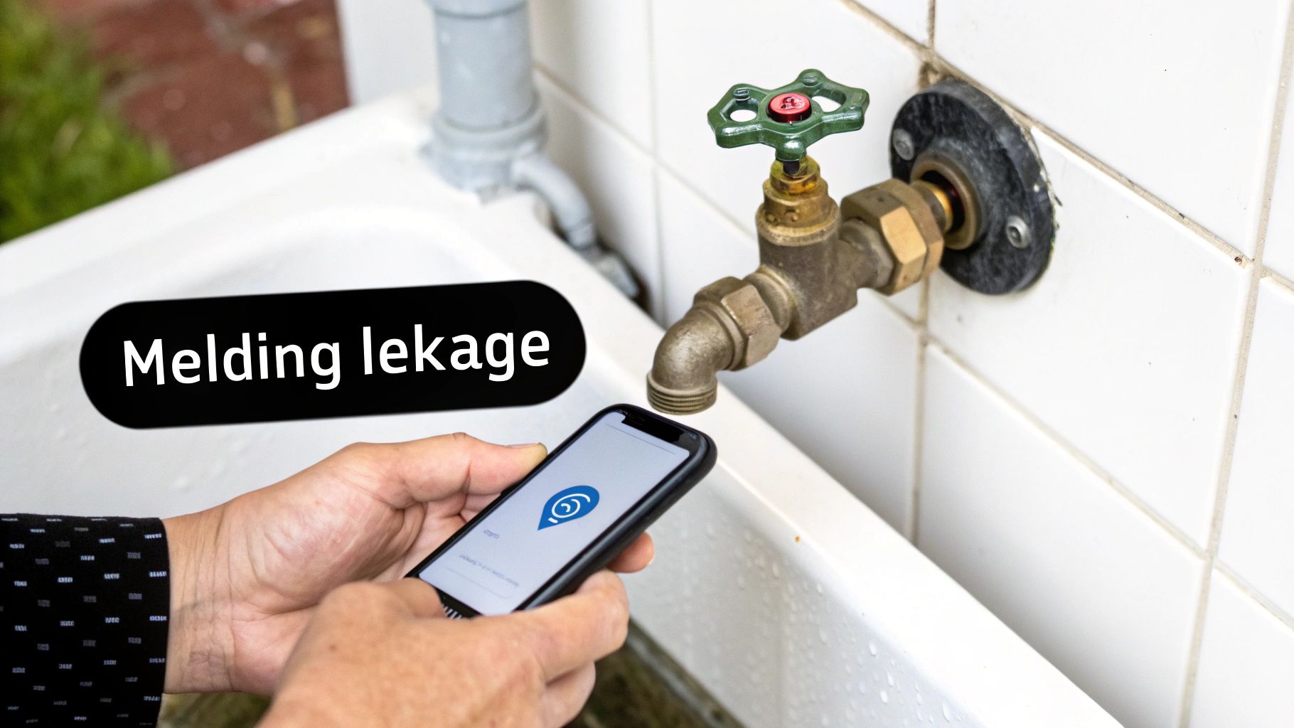 Een persoon meldt een lekkage bij een kraan via een smartphone-app, met een tekstballon "Melding lekkage".