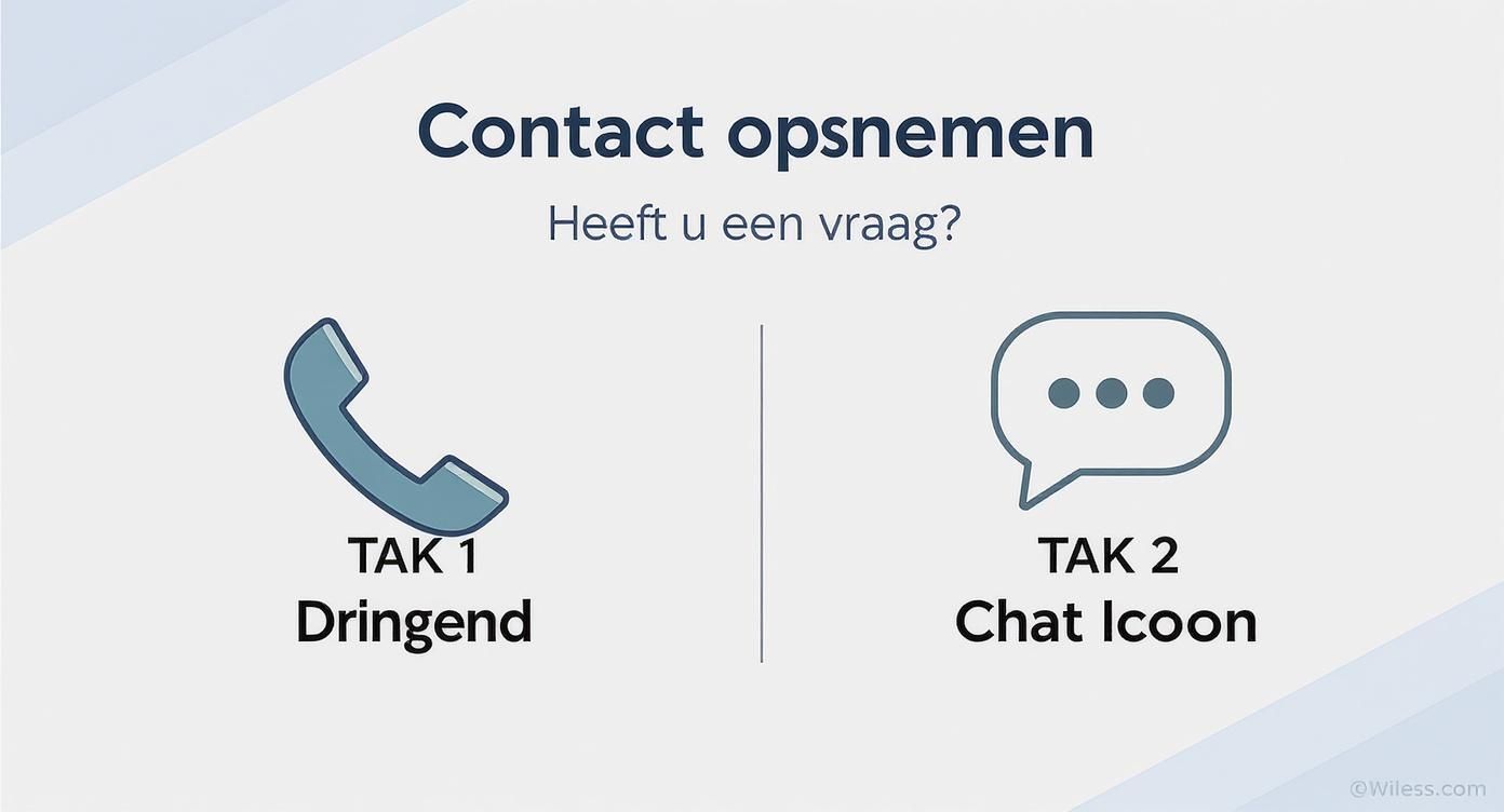 Contact opnemen opties: telefoon icoon voor dringend contact en chat icoon voor berichten