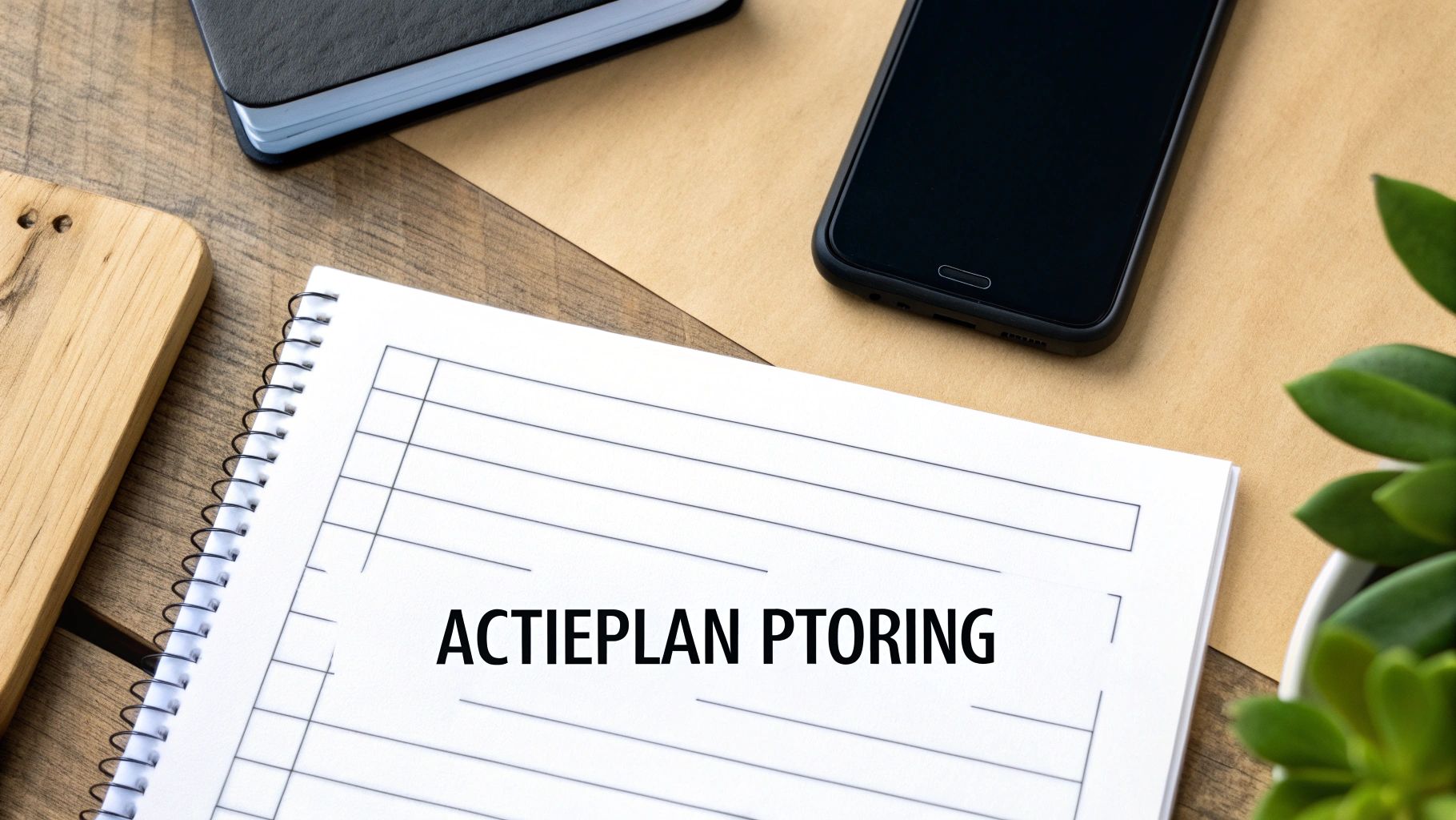 Een notitieboekje met de tekst 'ACTIEPLAN PTORING' ligt op een bureau naast een telefoon en notitieblok.