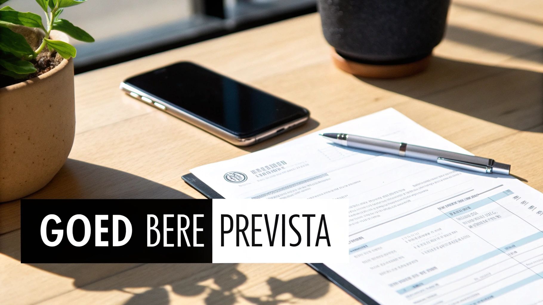 Bureau met plant, telefoon, papieren en pen, overlegd met de tekst 'GOED BERE PREVISTA' in wit op een zwarte balk.
