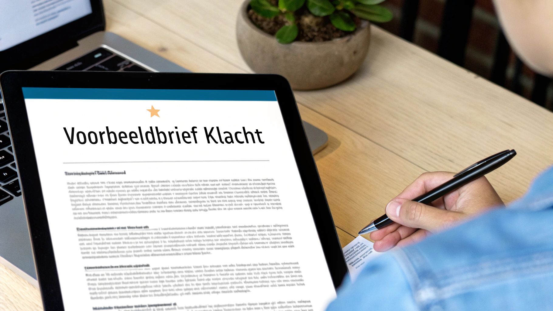 Twee voorbeeldbrieven naast elkaar op een bureau, één voor een product en één voor een factuur.