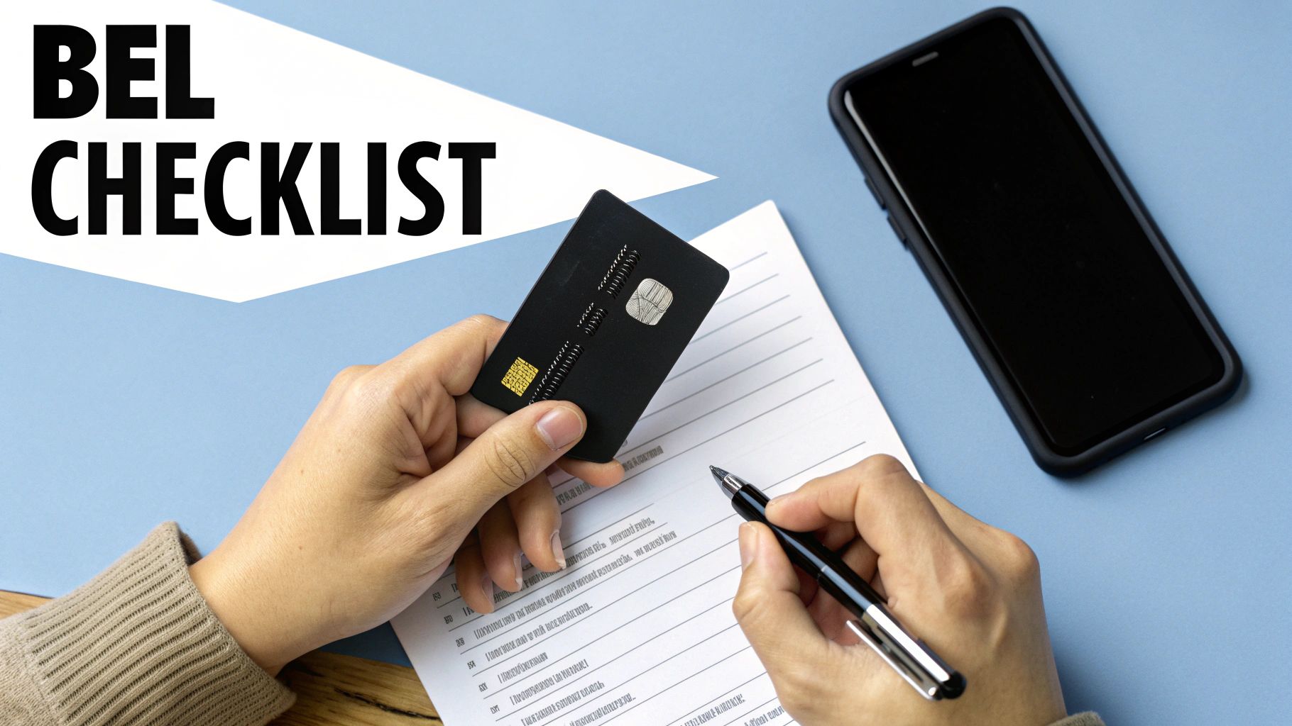 Een persoon vult een 'BEL CHECKLIST' in, houdt een creditcard vast met een smartphone ernaast op een blauwe achtergrond.