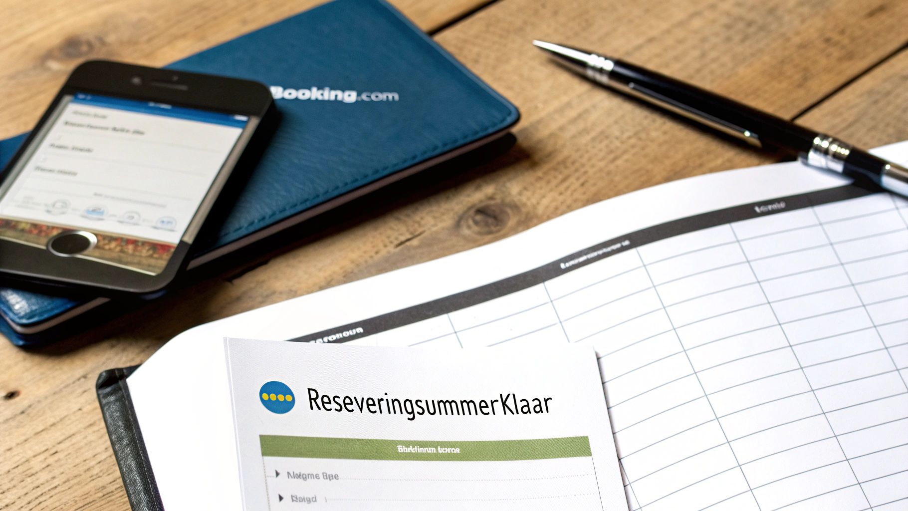 Een flat lay met een telefoon, een Booking.com map en een document over een hotelreservering.