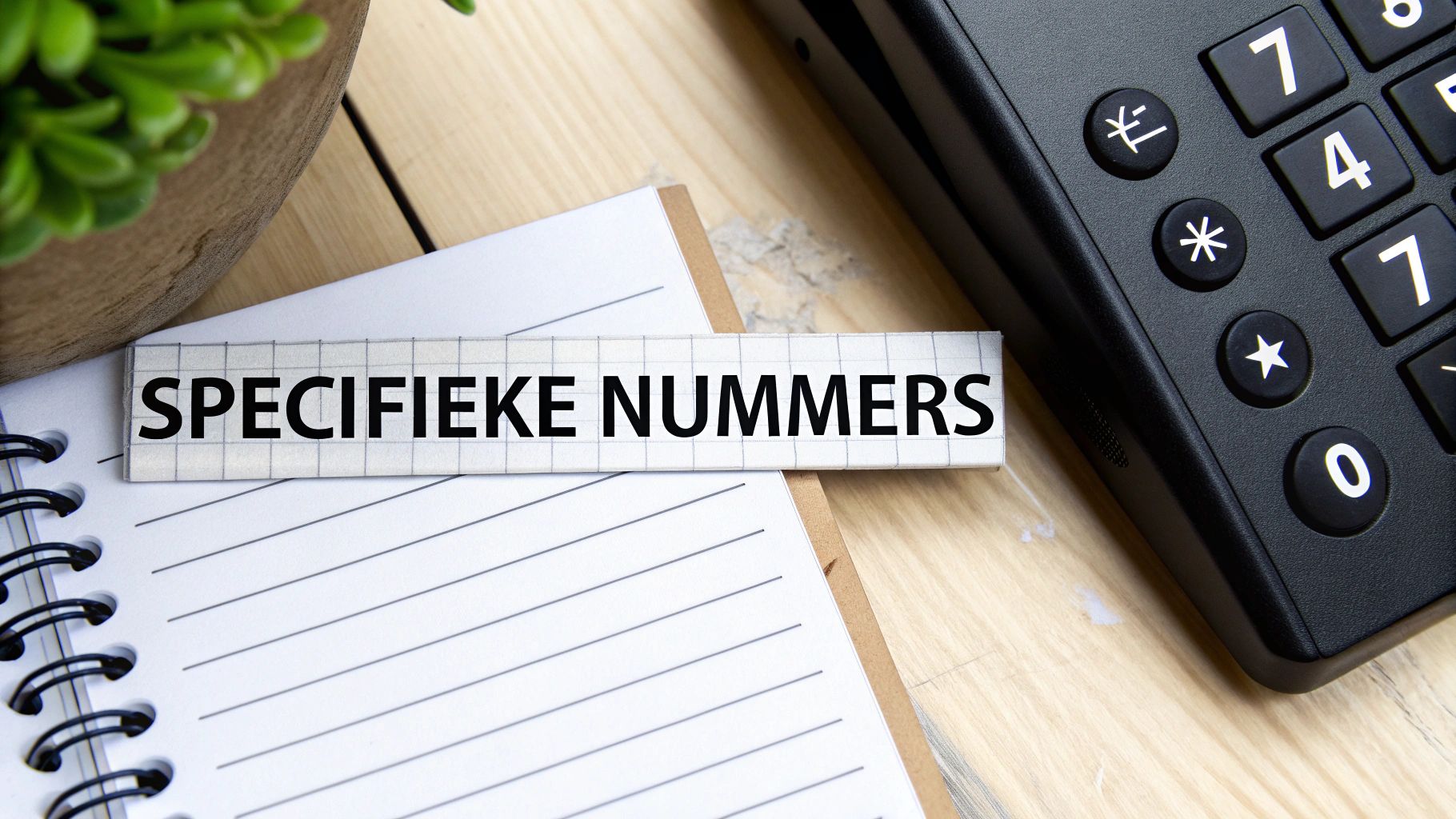 Een briefje met 'SPECIFIEke NUMMERS' op een kladblok, naast een zwarte rekenmachine op een houten tafel.
