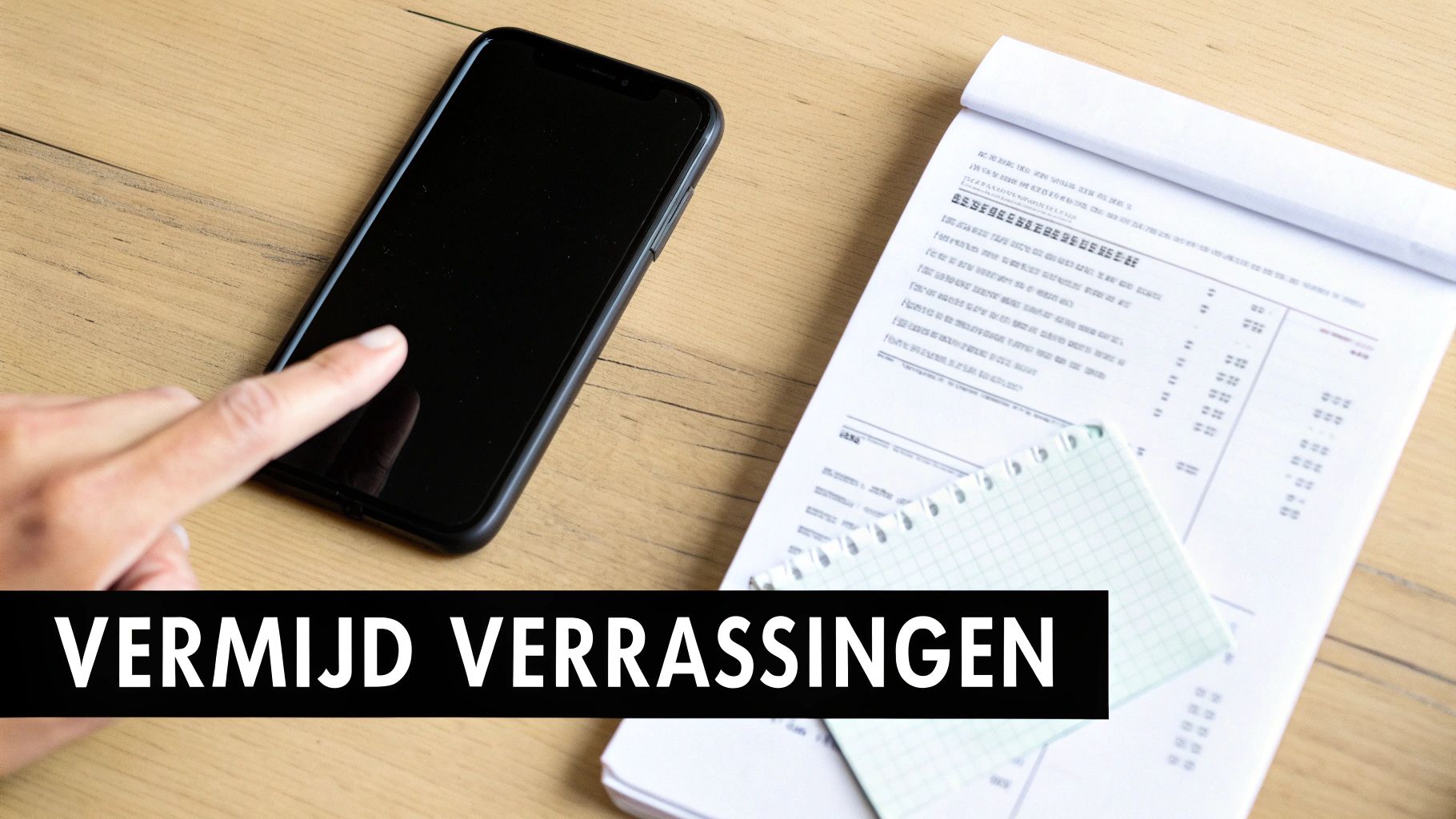 Een hand bedient een smartphone op een houten bureau, naast papieren en een notitieblok, met de tekst 'VERMIJD VERRASSINGEN'.