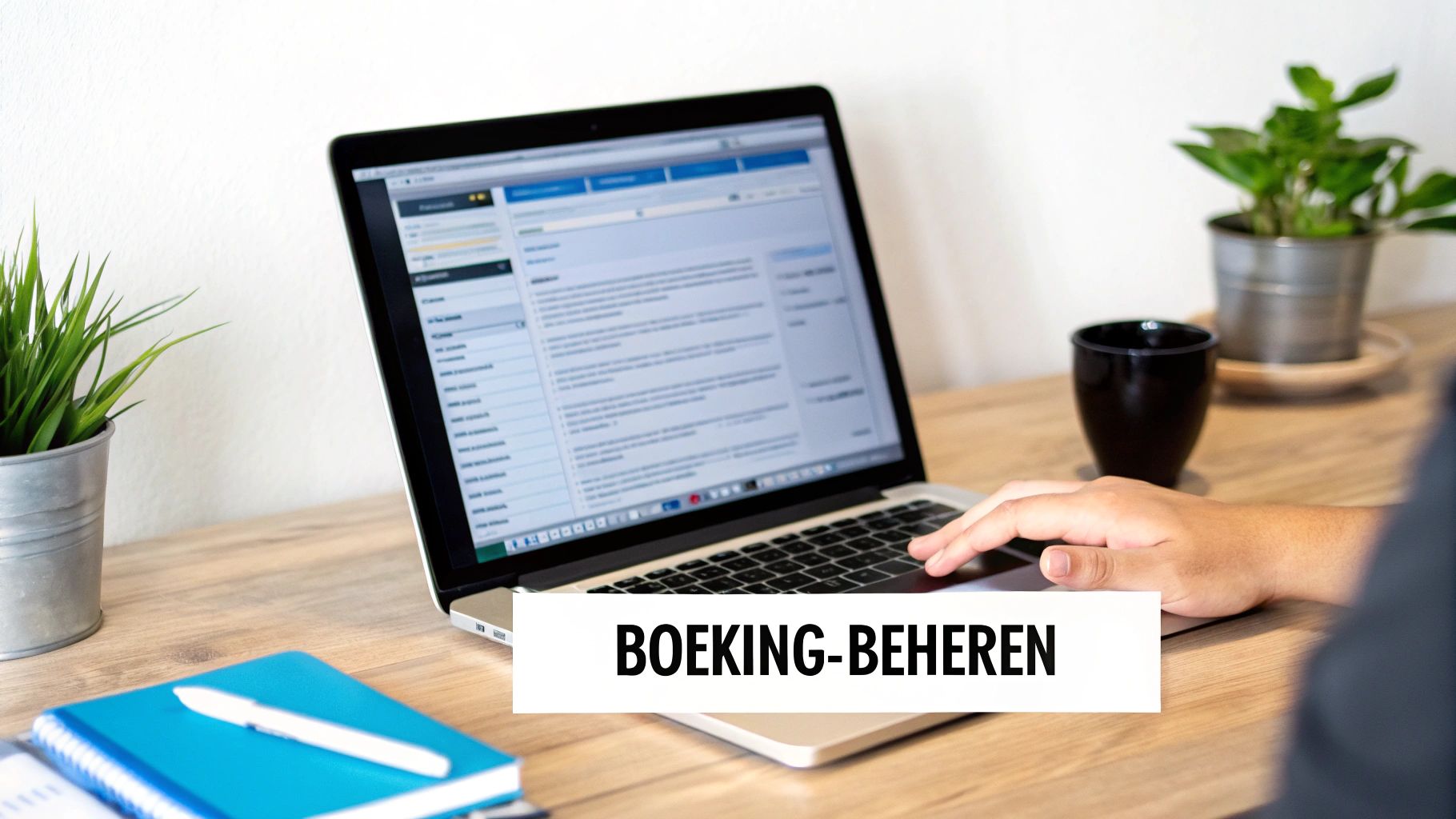 Een persoon beheert boekingen op een laptop, zittend aan een houten bureau met planten en een notitieboek.