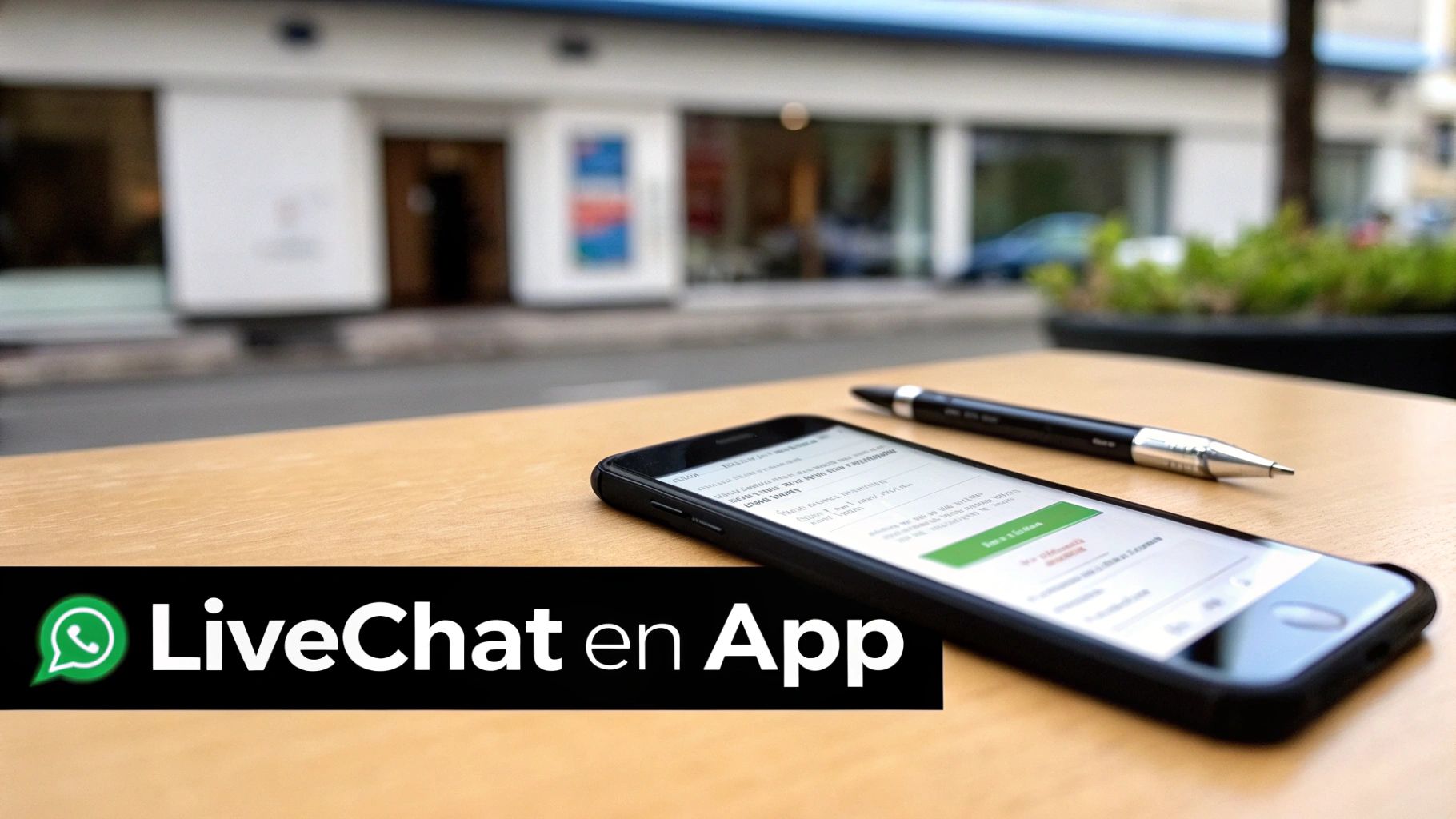 Smartphone met live chat op een houten tafel naast een pen, met 'LiveChat en App' en WhatsApp-logo.