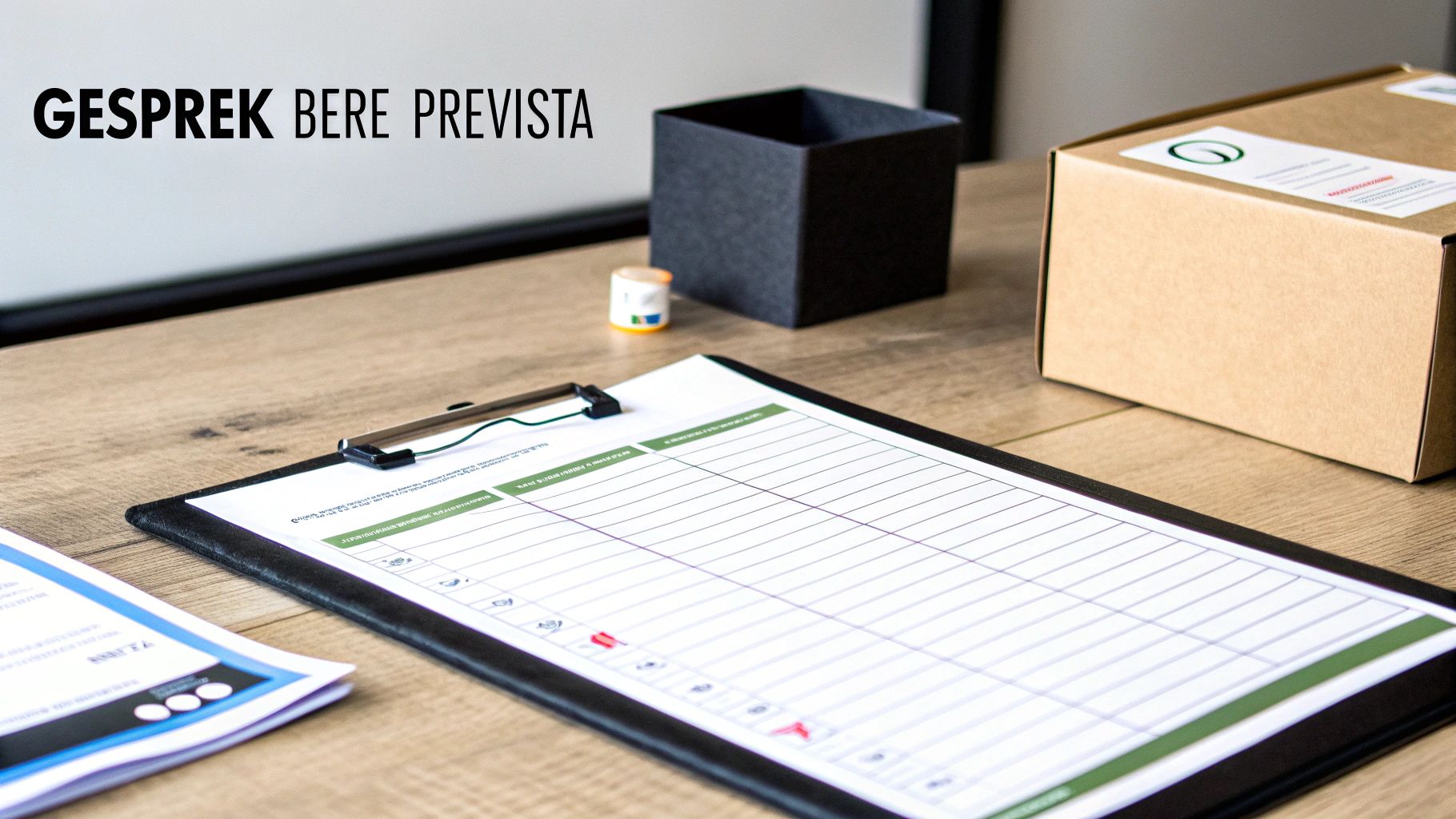 Een houten bureau met een klembord, papieren en een kartonnen doos. De tekst 'GESPREK BERE PREVISTA' is zichtbaar.