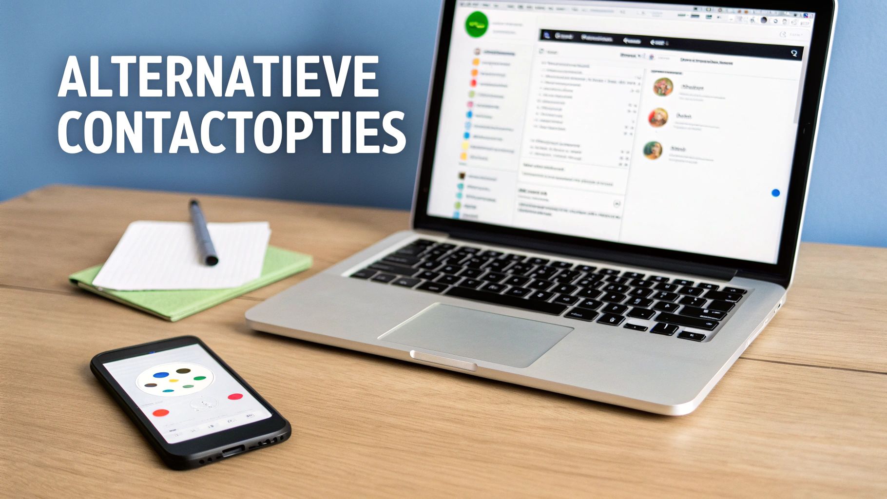 Een laptop, smartphone en notitieblok op een bureau, met de tekst 'Alternatieve Contactopties' over de afbeelding heen.