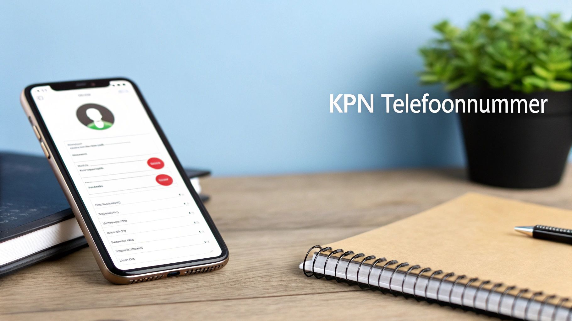 Een smartphone met een contactscherm op een houten bureau naast boeken en een notitieblok. Op de achtergrond staat 'KPN Telefoonnummer'.