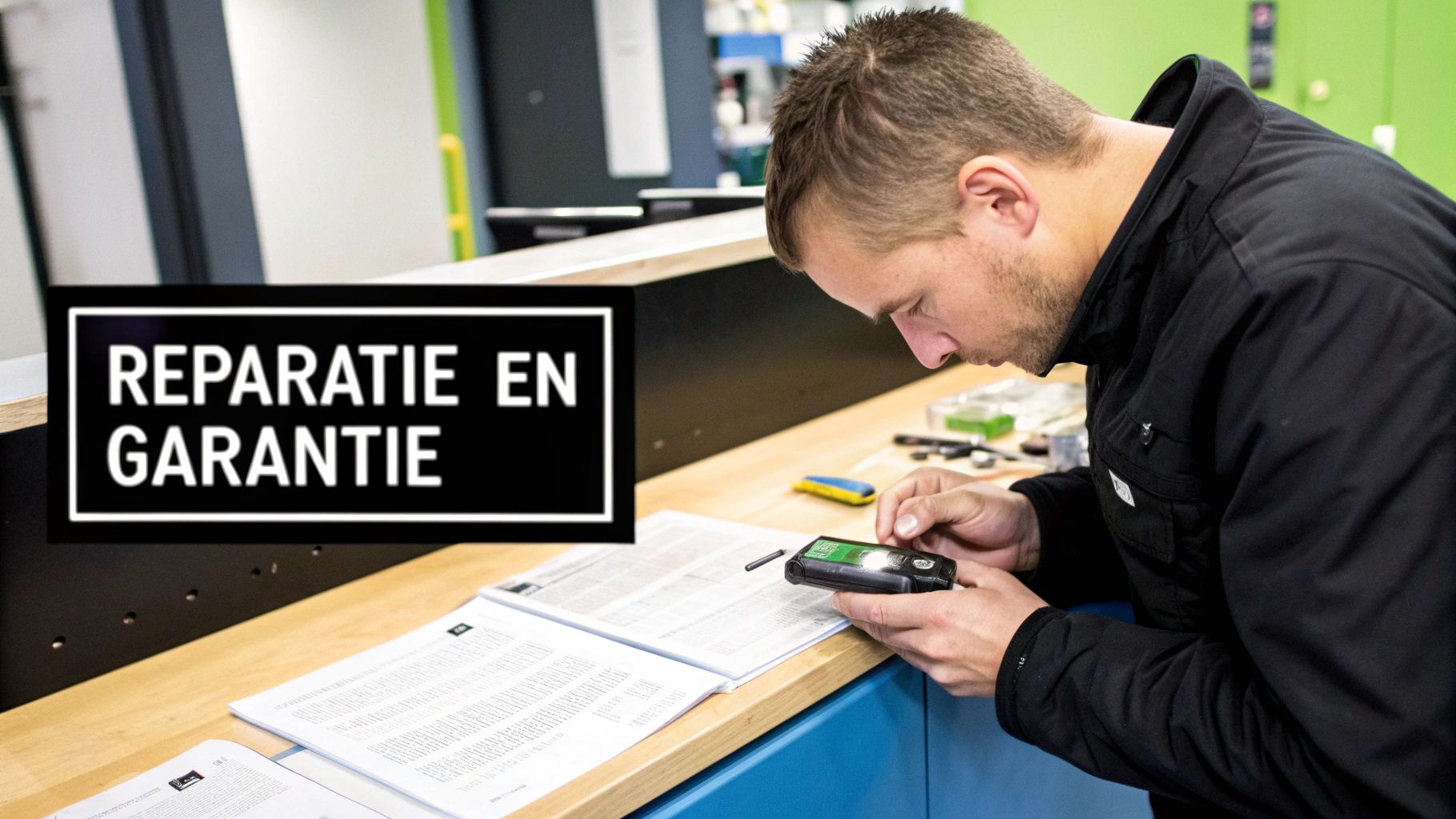 Een man repareert een elektronisch apparaat met een bord 'Reparatie en Garantie' op de achtergrond.