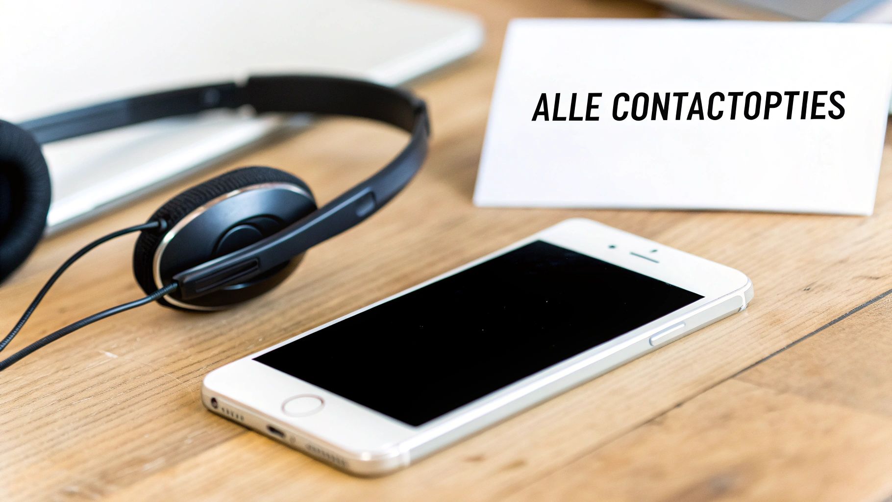 Een bureau met koptelefoon, een smartphone en een kaartje met 'Alle contactopties' voor klantenservice.