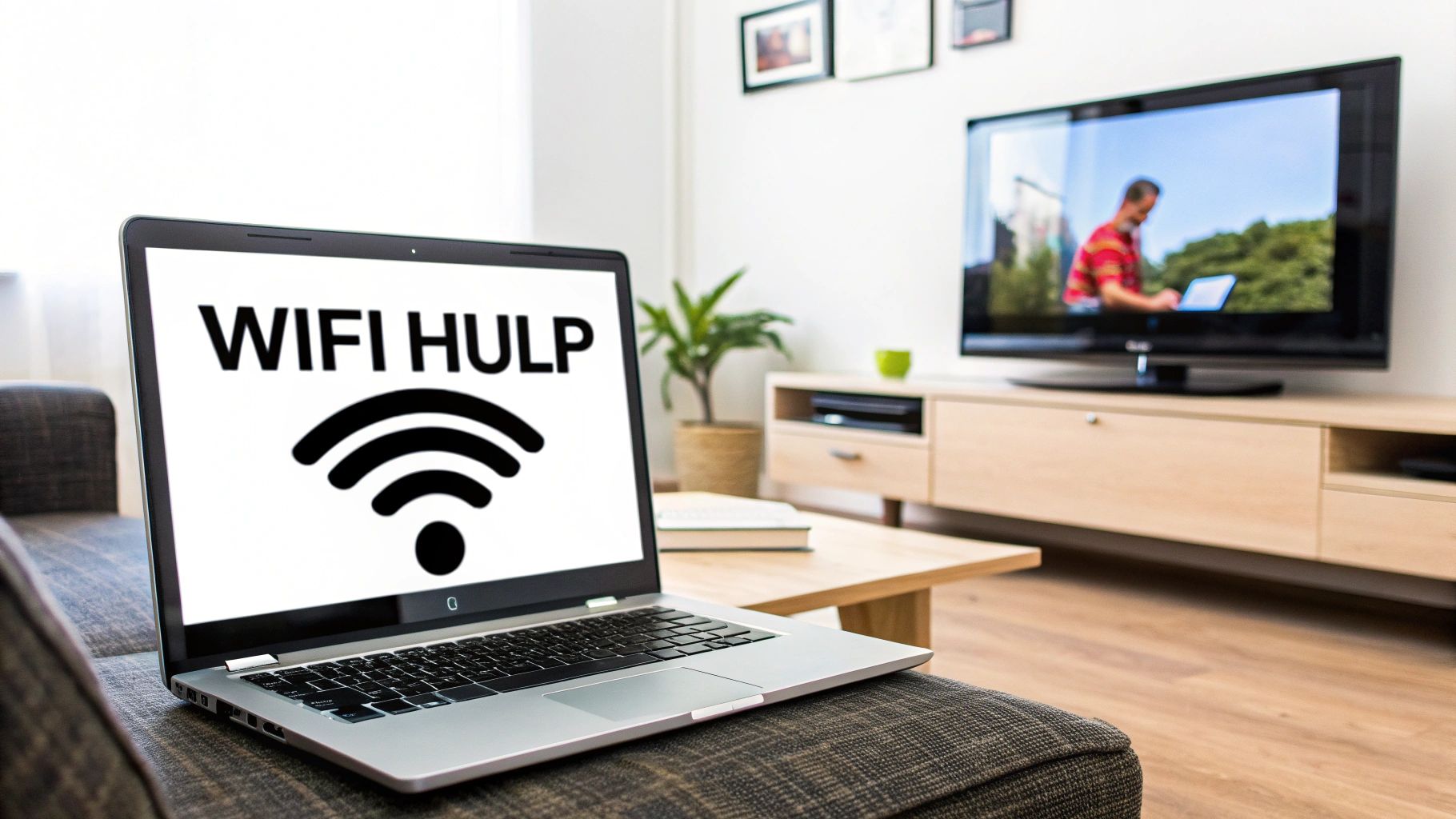 Laptop op de bank toont 'WIFI HULP' en een WiFi-symbool, wat verbindingsproblemen suggereert in een woonkamer.