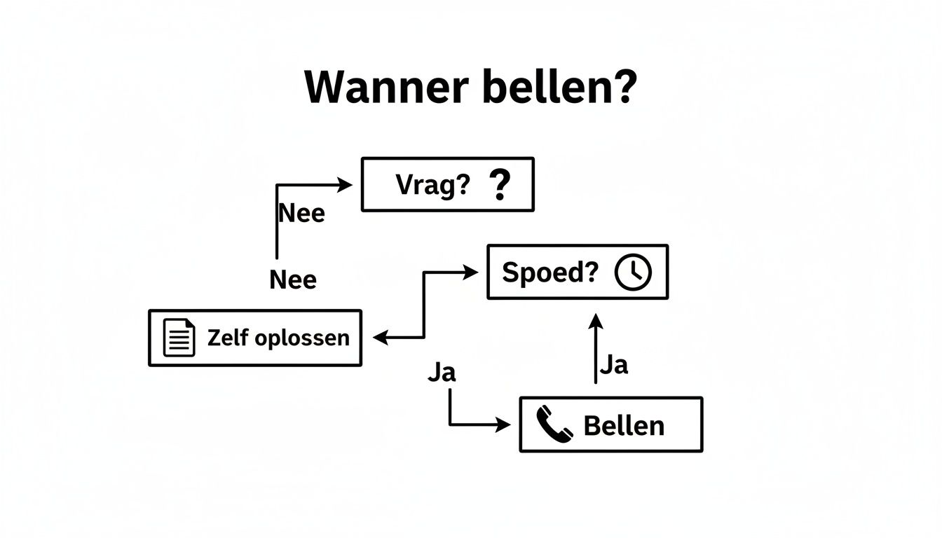 Flowchart 'Wanner bellen?' toont beslissingsboom voor contact opnemen bij vragen of spoed.