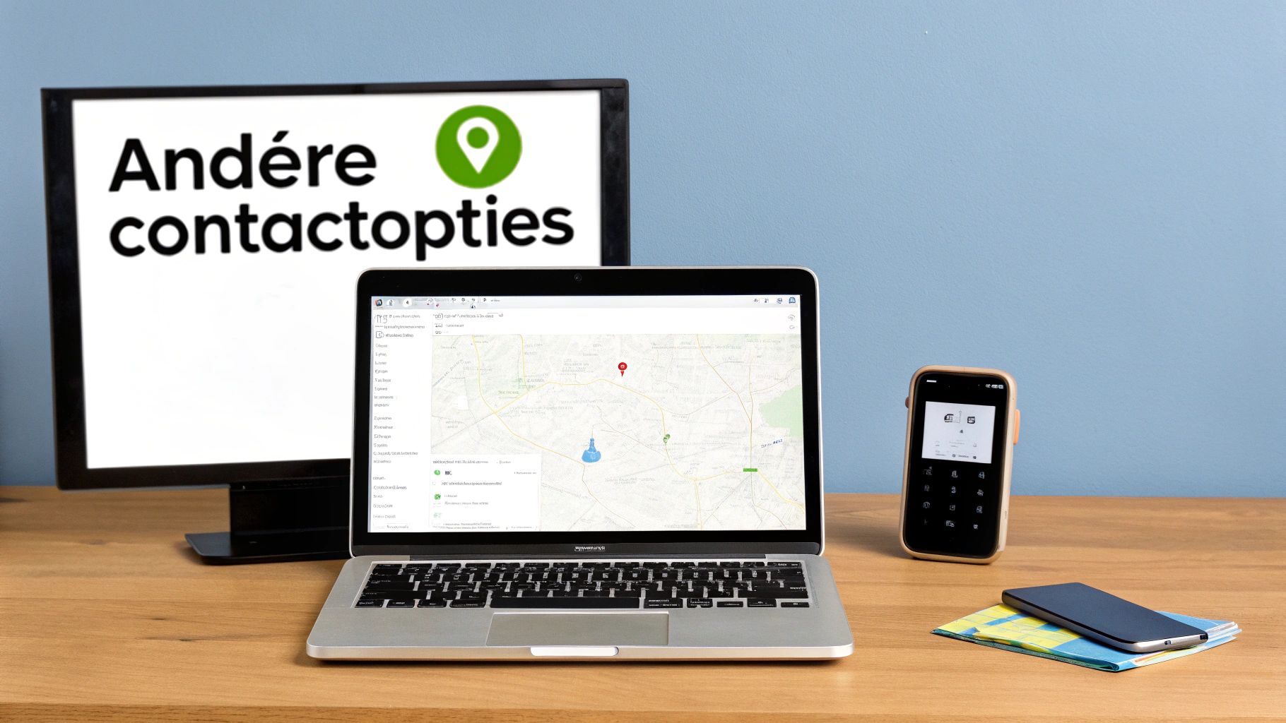 Een werkplek met een monitor waarop 'Andére contactopties' staat, een laptop met kaart, en een betaalterminal.
