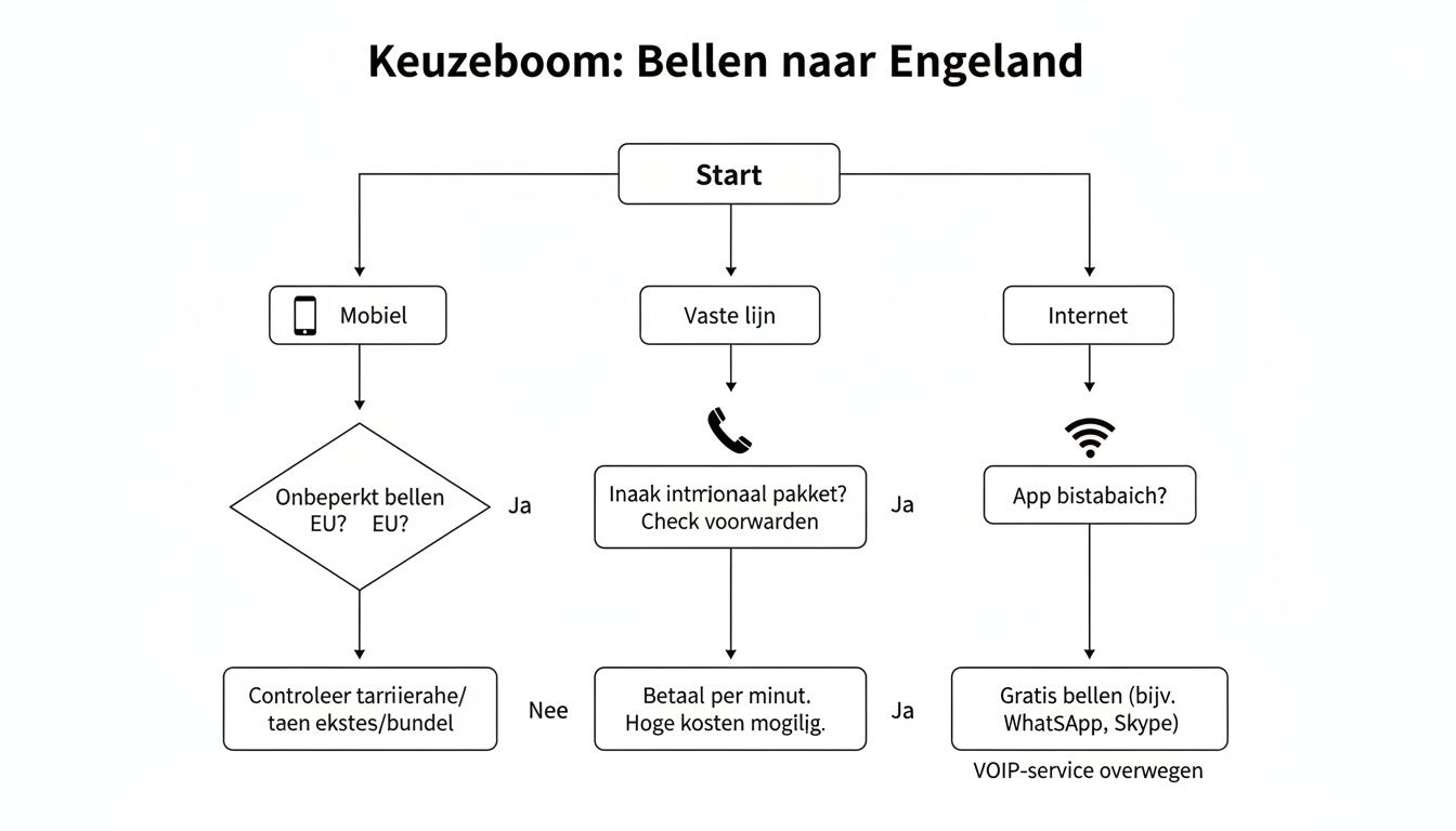 Stroomdiagram over de keuze van bellen naar Engeland via mobiel, vaste lijn of internet, inclusief kosten en voorwaarden.