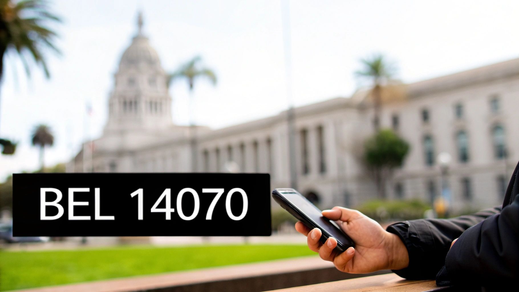 Een persoon houdt een telefoon vast met de tekst 'BEL 14070' voor een stadhuis.