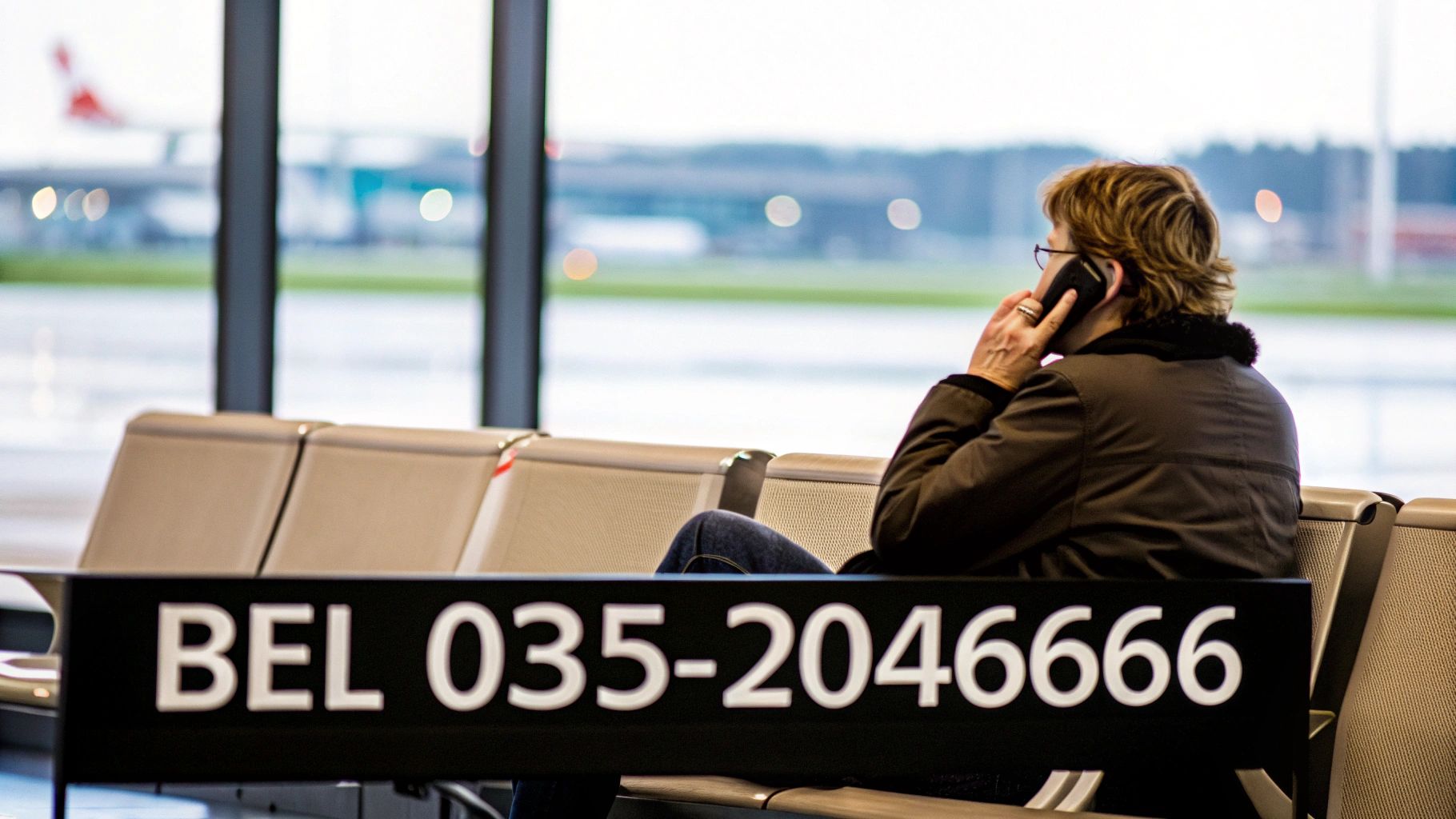 Een persoon belt aan de telefoon op een luchthaven, met een bord met een telefoonnummer.