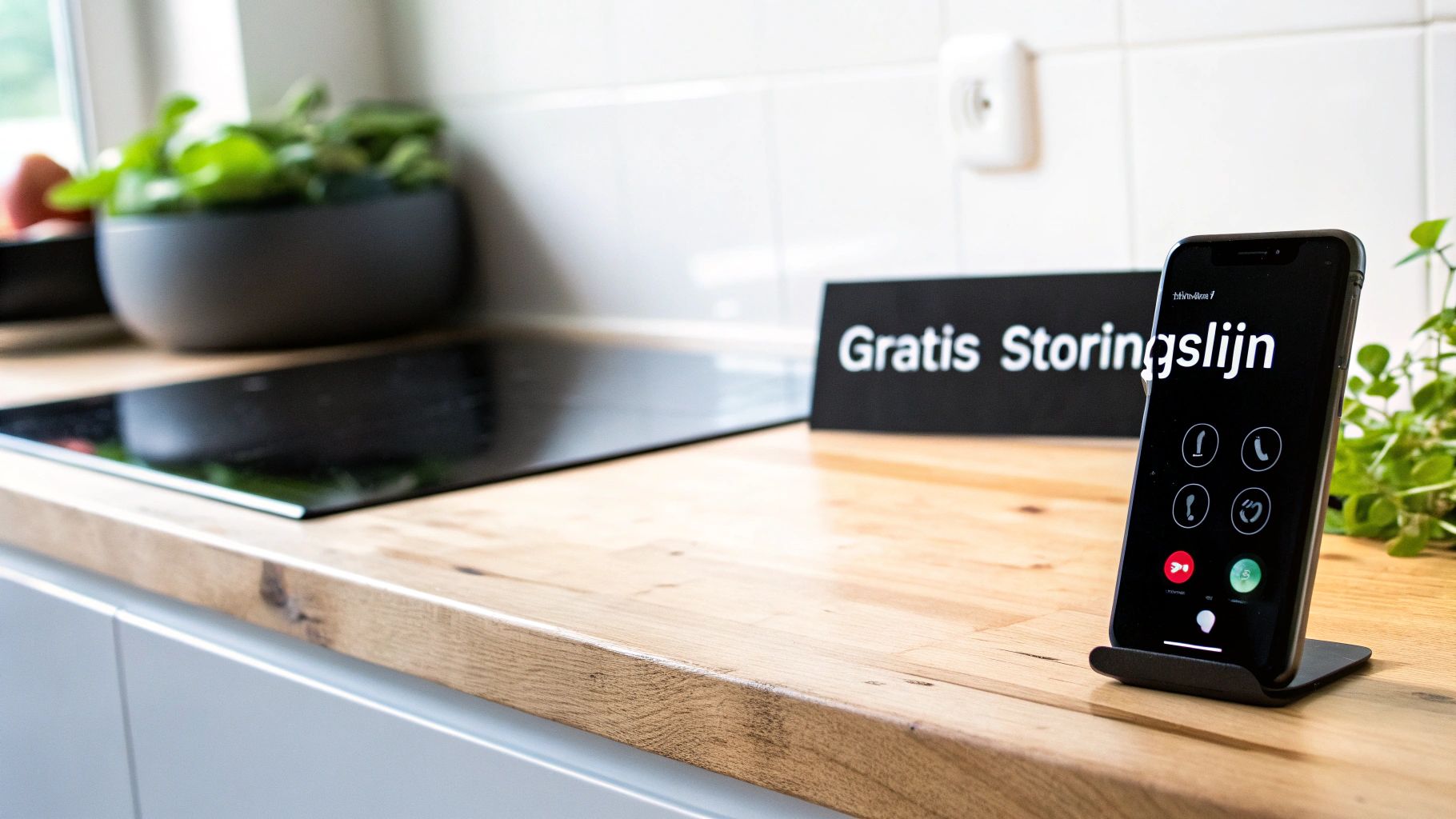 Smartphone op standaard toont gratis storingslijn interface met groene bel-knop op houten bureau