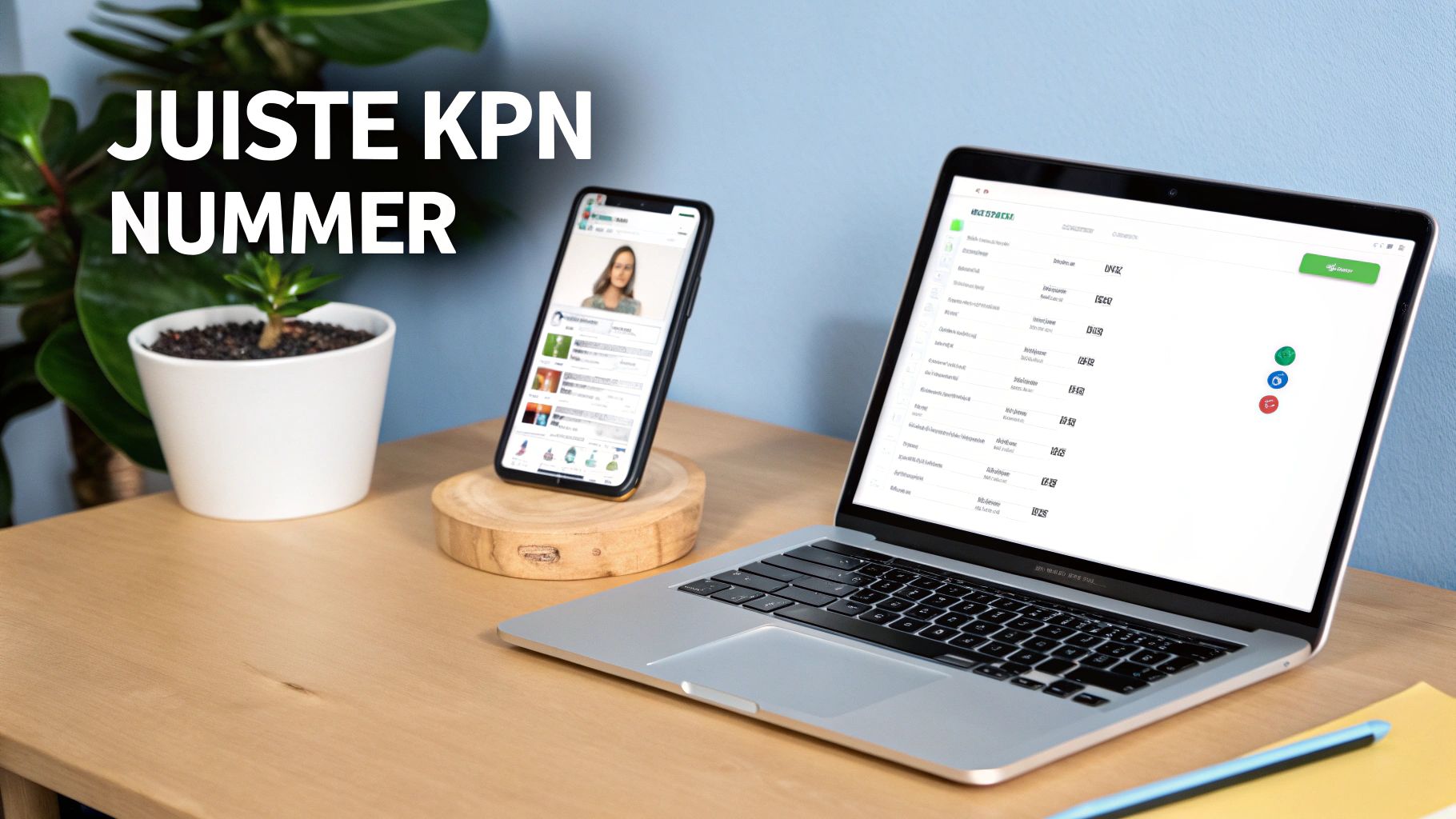 Een kantoorwerkplek met een laptop, een smartphone en twee planten op een houten bureau. De tekst 'JUISTE KPN NUMMER' is zichtbaar op de achtergrond.