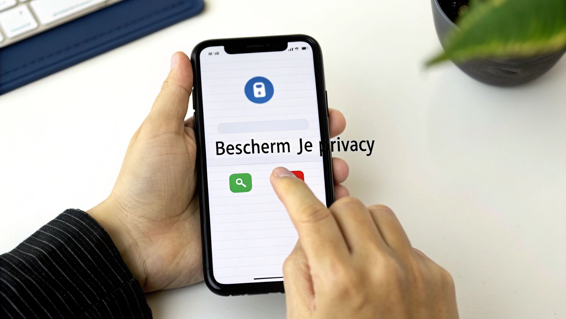 Persoon houdt een smartphone vast met een app die de tekst 'Bescherm Je privacy' toont, samen met een groene en rode knop.