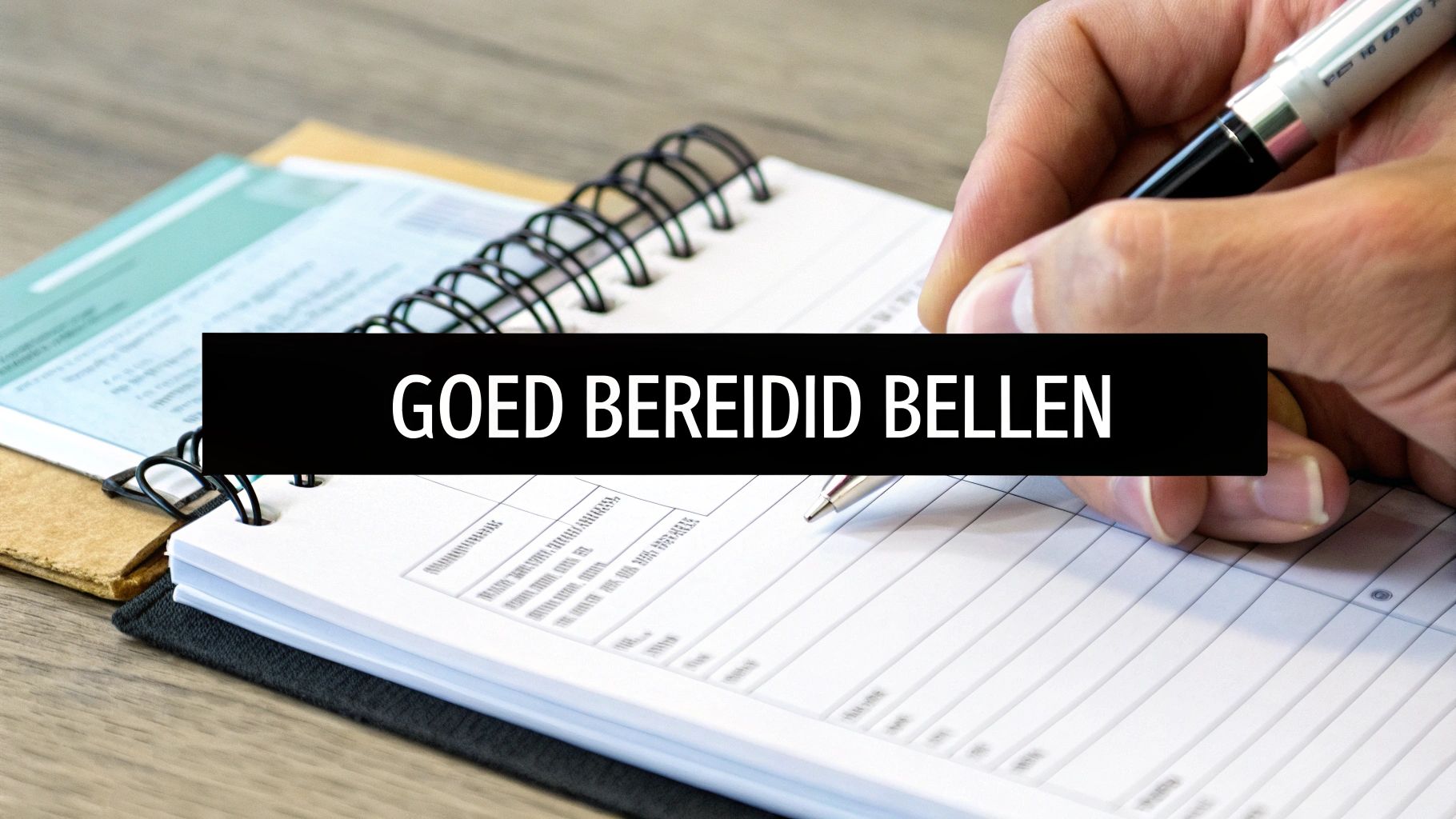 Hand met pen schrijft in notitieboek met tekst 'goed bereidid bellen' voor telefonische klantenservice voorbereiding