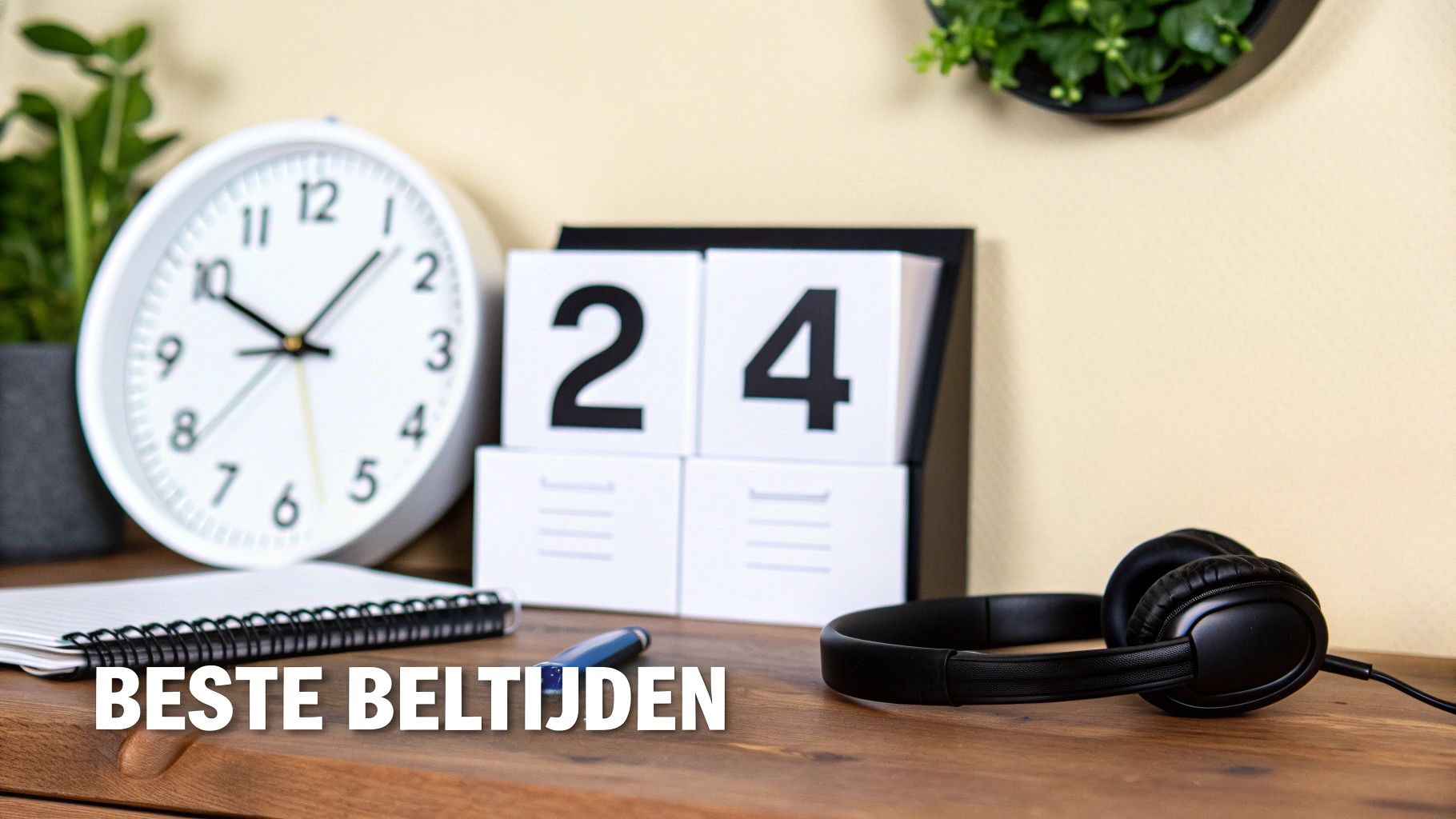 Een bureau met een witte klok, kalender (24), notitieboek, pen en zwarte koptelefoon, met de tekst 'Beste Beltijden'.