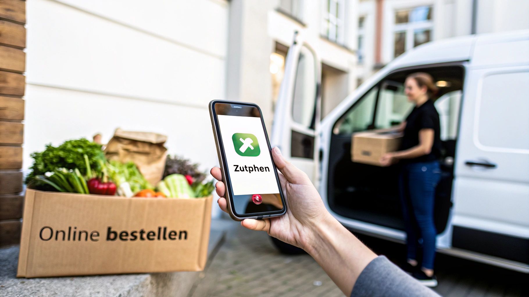 Hand met telefoon waarop de Zutphen-app te zien is, naast een doos met verse boodschappen en een bezorgbus.