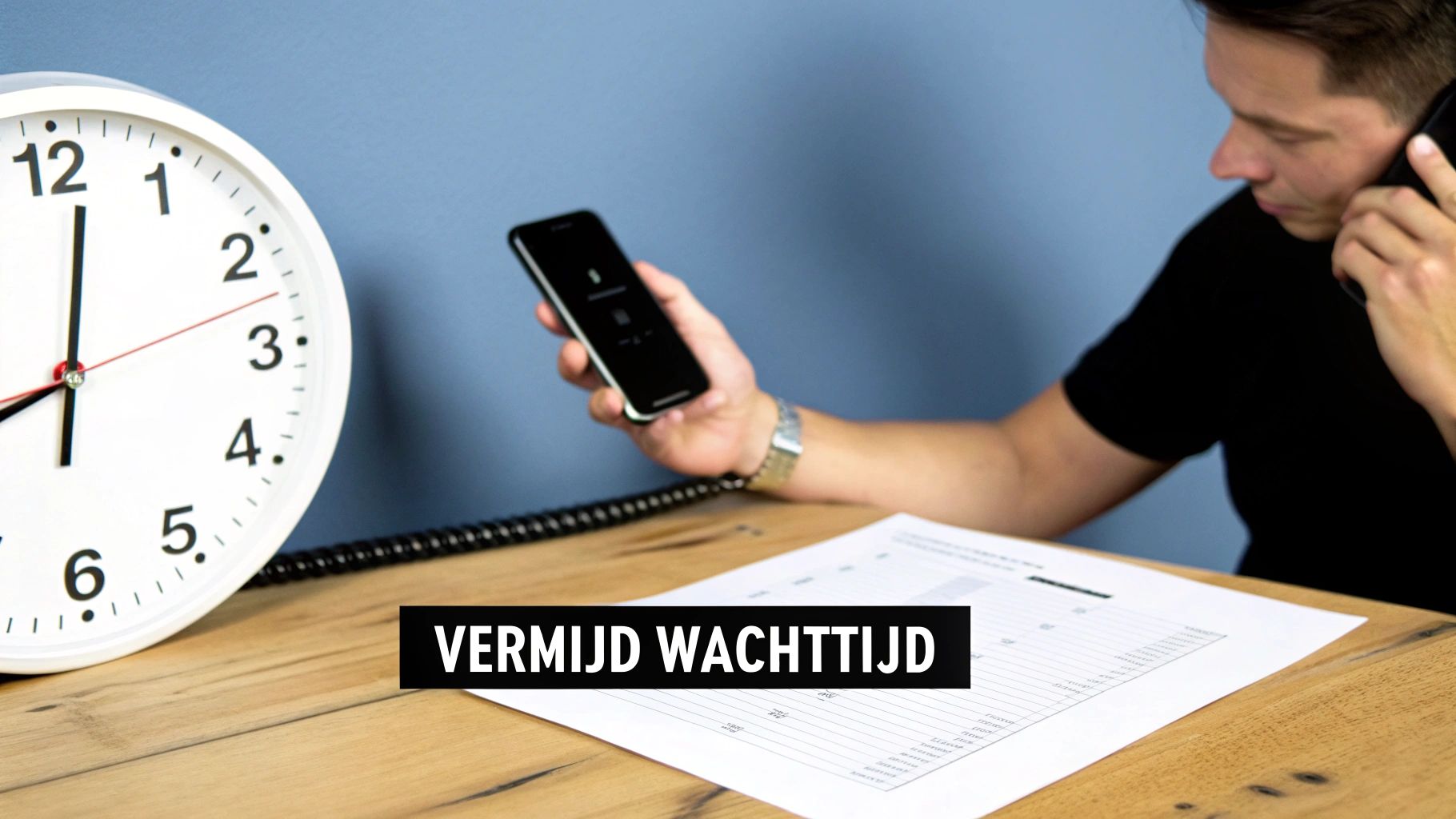 Een man belt met zijn telefoon, met een klok en papieren op tafel, tekst: 'Vermijd wachttijd'.