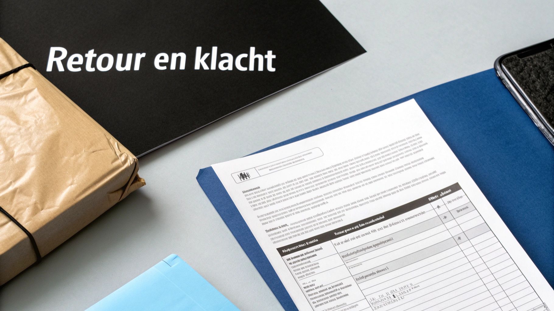 Een bovenaanzicht van een zwart document met 'Retour en klacht', een bruin pakket en formulieren voor retourzendingen en klachtenafhandeling.