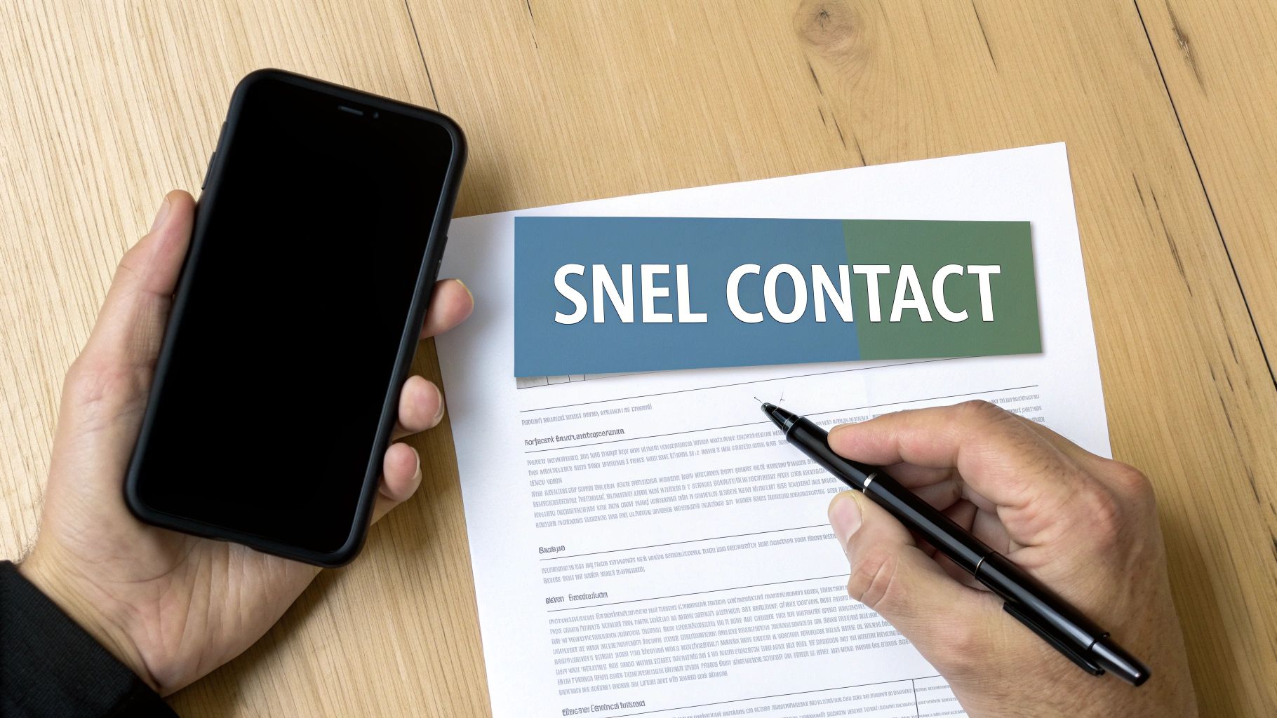 Een persoon houdt een smartphone vast terwijl ze een document met 'SNEL CONTACT' ondertekenen op een houten tafel.