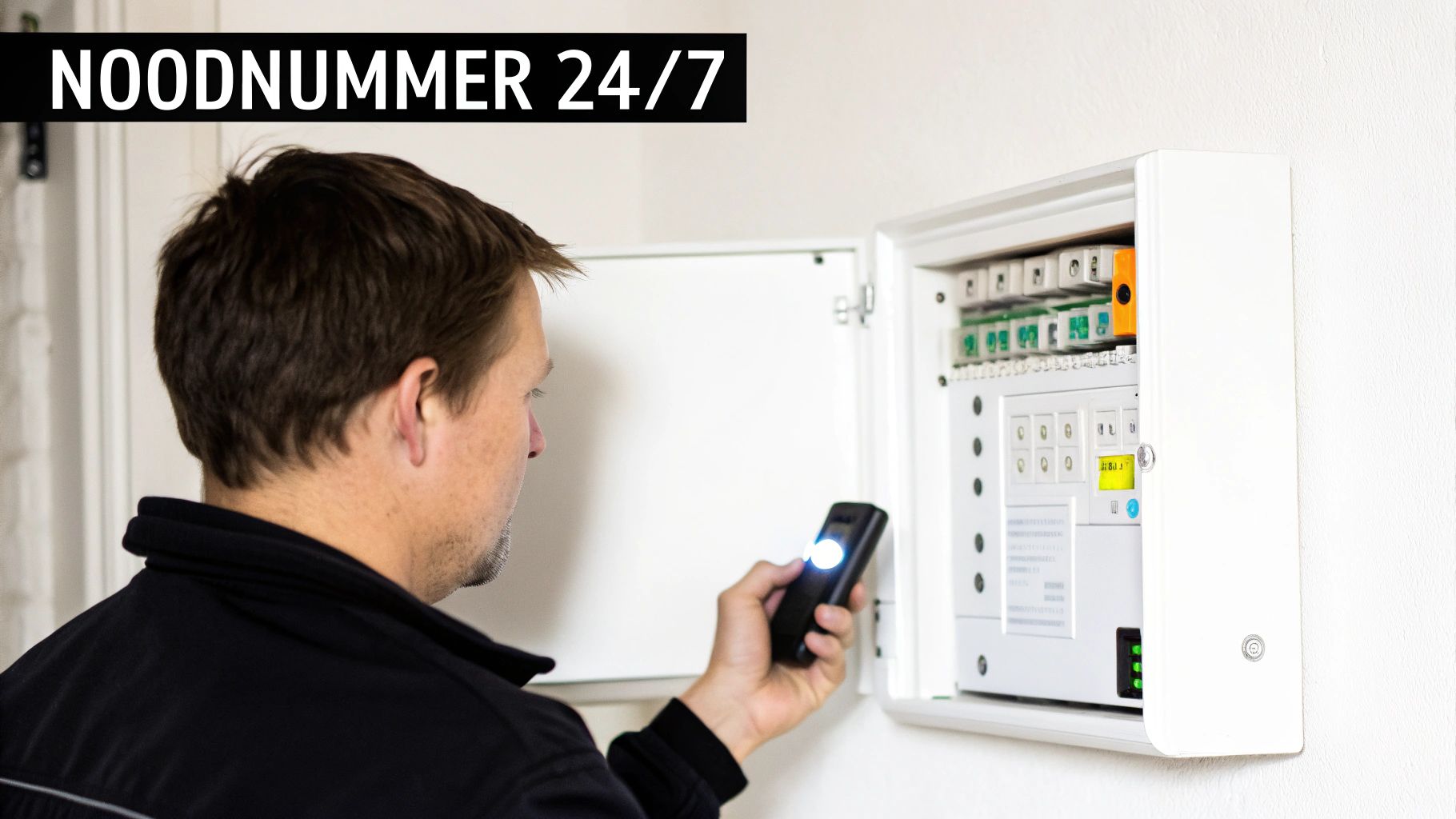 Monteur inspecteert een stroomkast met een zaklamp, met de tekst 'Noodnummer 24/7' in beeld.