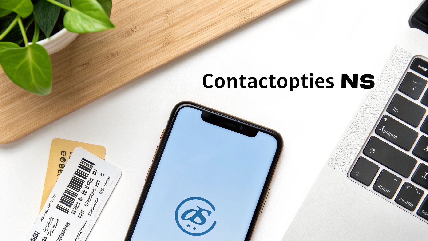 Een werkplek flat lay met een smartphone, laptop en kaarten, waarop de tekst 'Contactopties NS' staat.